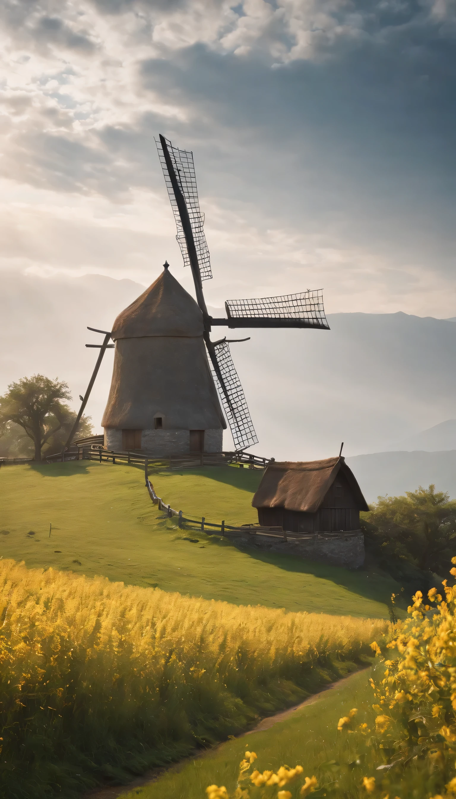 (Highly detailed CG Unity 8k wallpaper、masterpiece、highest quality、Super detailed)、(best lighting、best shadow、very delicate and beautiful)highest quality、8k、Detailed facial depiction、masterpiece、highest quality、Crisp image quality、A photo of a windmill built on a hill and the flow of clouds