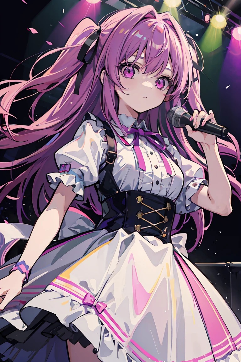 1 girl, Idol, colorful clothes, Purple long hair, Side Up, ribbon, Pink eyes, stage, Spotlight, 16 years old, colorful hair, messy hair, Tonalism, romanticism, modern art, Impressionism, reflected light, 8K, masterpiece, advanced details, highest quality, Accurate