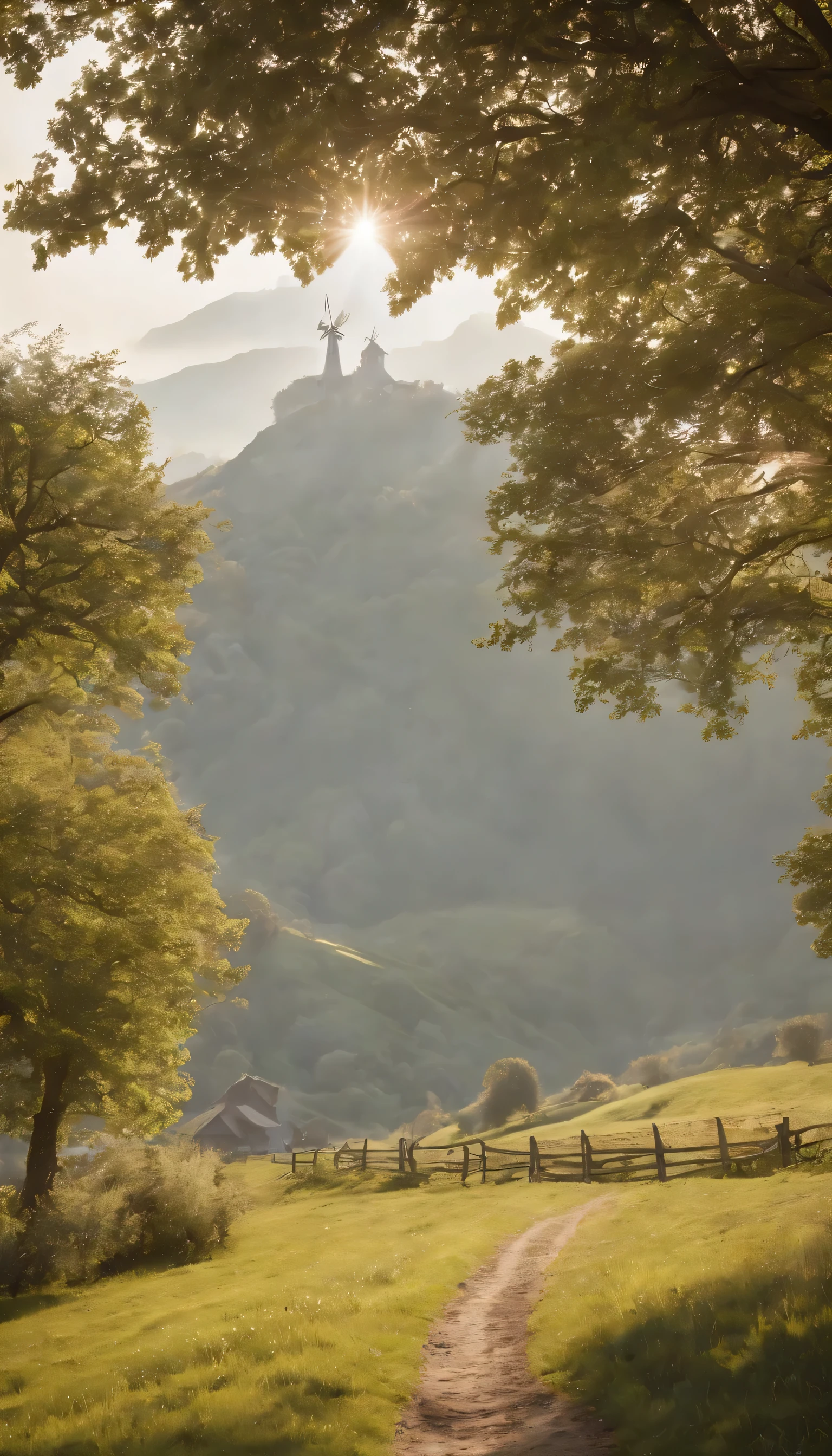(Highly detailed CG Unity 8k wallpaper、masterpiece、highest quality、Super detailed)、(best lighting、best shadow、very delicate and beautiful)highest quality、8k、Detailed facial depiction、masterpiece、highest quality、Crisp image quality、A photo of a windmill built on a hill and the flow of clouds