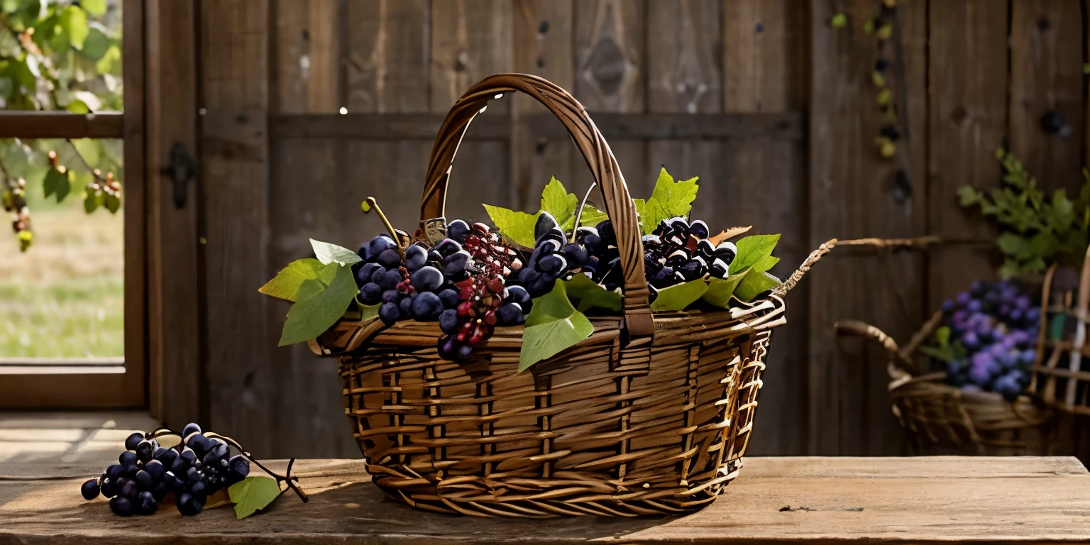 A rustic woven basket filled by red grapes, handcrafted from dark willow or hazel twigs, A generous mound of grapes spilling from the basket and overflowing onto the table, The blueberries should be plump and juicy,The weave should be slightly irregular , The basket's interior should be lined with fresh green leaves, like grape leaves , still clinging to their delicate stems, 8k, by afremov