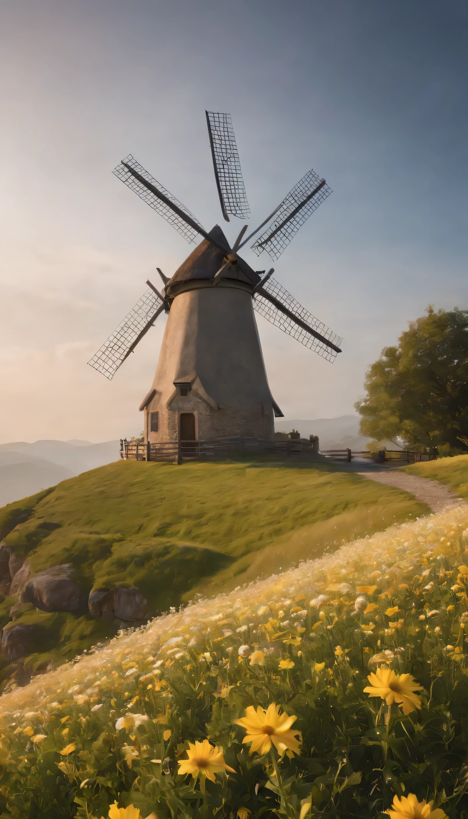 (Highly detailed CG Unity 8k wallpaper、masterpiece、highest quality、Super detailed)、(best lighting、best shadow、very delicate and beautiful)highest quality、8k、Detailed facial depiction、masterpiece、highest quality、Crisp image quality、A photo of a windmill built on a hill and the flow of clouds