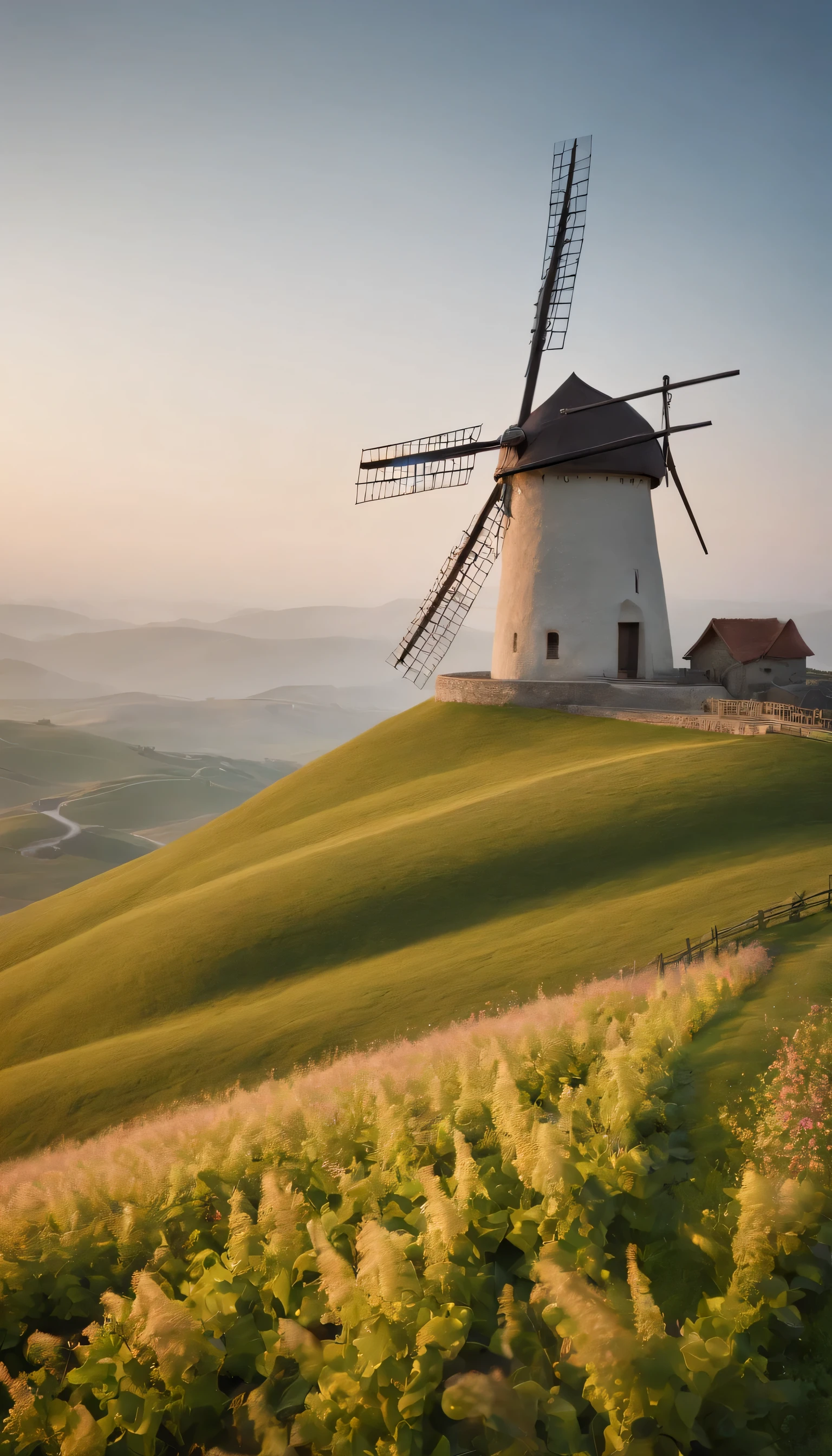 (Highly detailed CG Unity 8k wallpaper、masterpiece、highest quality、Super detailed)、(best lighting、best shadow、very delicate and beautiful)highest quality、8k、Detailed facial depiction、masterpiece、highest quality、Crisp image quality、A photo of a windmill built on a hill and the flow of clouds