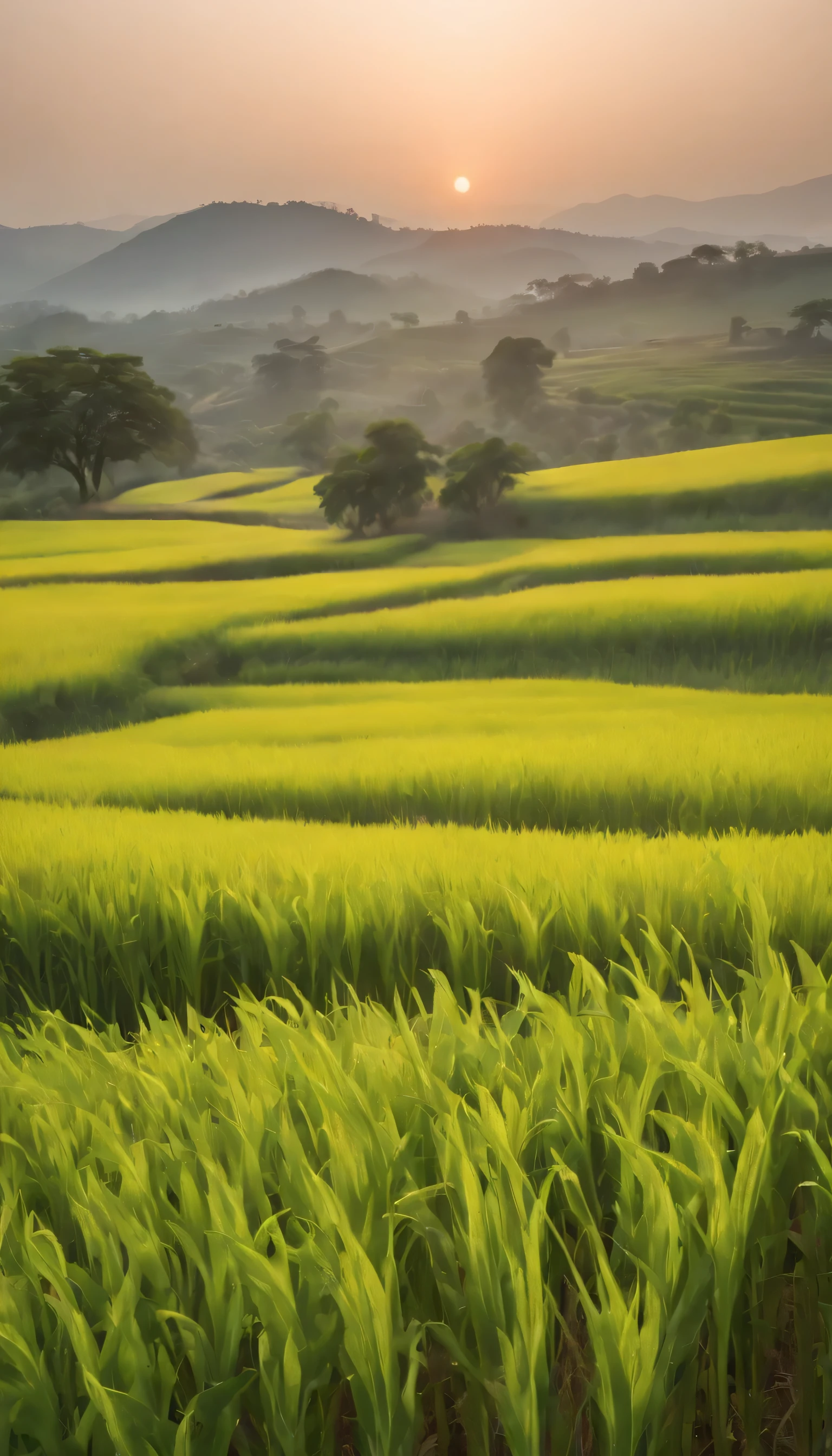 (Highly detailed CG Unity 8k wallpaper、masterpiece、highest quality、Super detailed)、(best lighting、best shadow、very delicate and beautiful)highest quality、8k、Detailed facial depiction、masterpiece、highest quality、Crisp image quality、A photo of the sunset reflected in a rice field