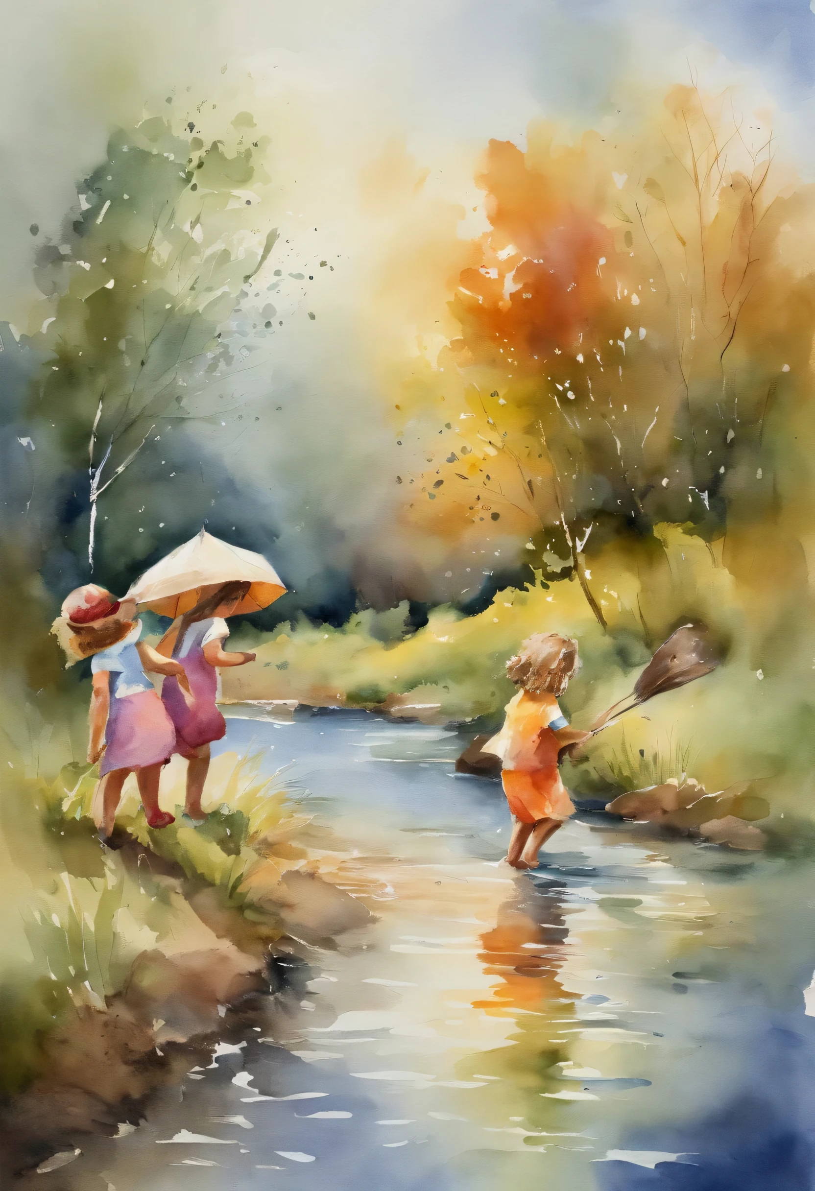 children of different ages playing on a river bank having fun