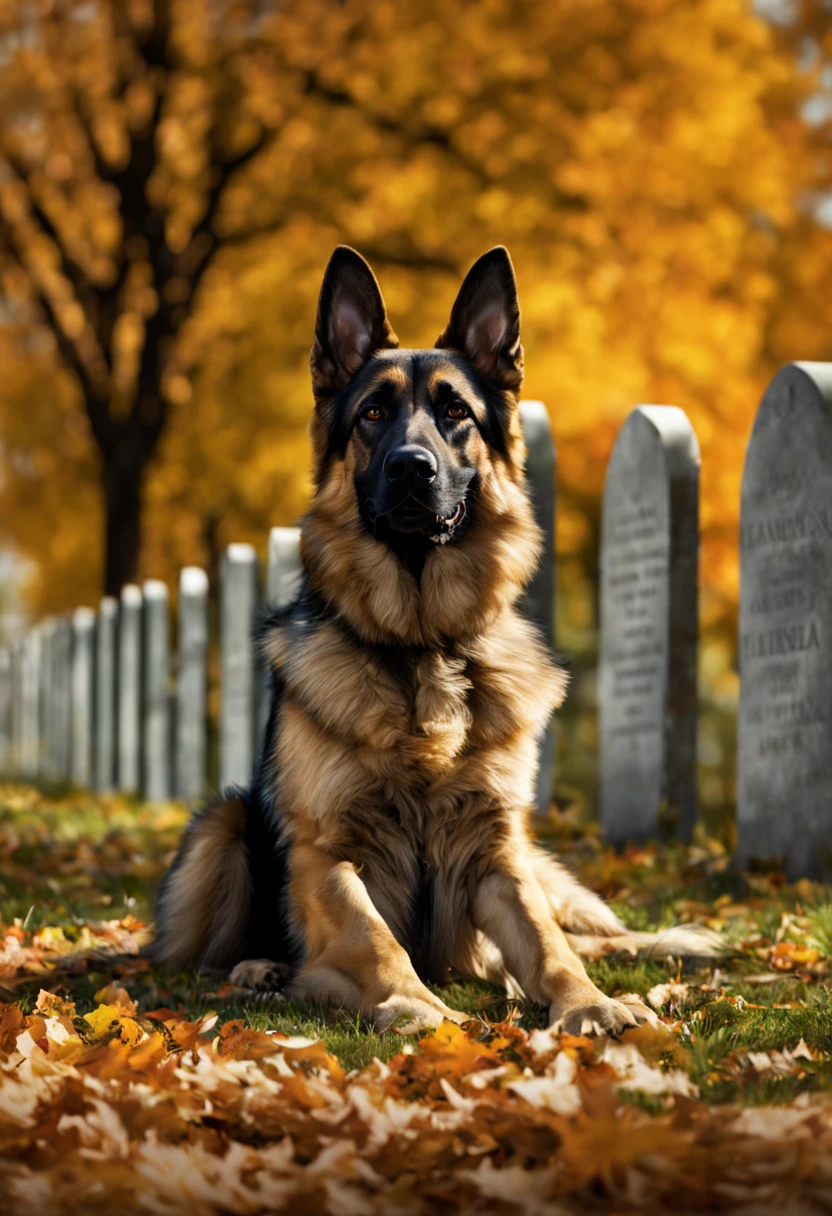 a "Pulitzer Prize for Feature Photography award winning photograph" of a "German Shepard dog" with a sad, plaintive, solemn expression lying beside a tombstone in Arlington cemetery on a clear, sunny fall day. tearjerker, heartwarming. cinematic poster art. epic, a masterpiece, detailed matte oil painting by Adi Granov and Karol Bak.