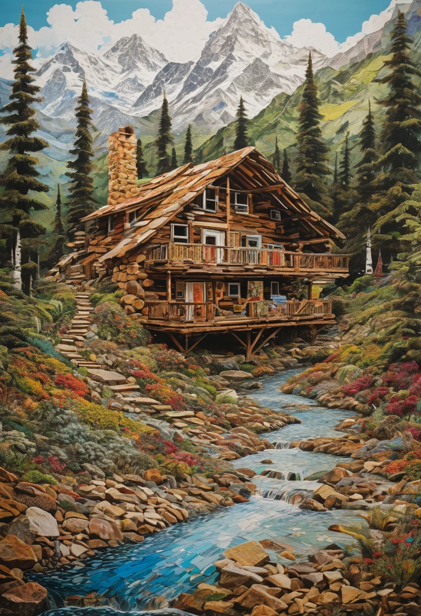 Embark on an artistic journey with this enchanting collage art piece featuring an eclectic mountain hut., Exhibits versatility and ability to adapt to different natural environments.. The composition combines various design elements., From traditional log cabins to modern glass structures., Create a feeling of uniqueness and innovation.. use of color,surface, And layered elements add depth and interest to the artwork., Emphasis is placed on combining the cabin with different terrains and weather conditions.. Created by famous collage artist Vik Muniz., 8ก