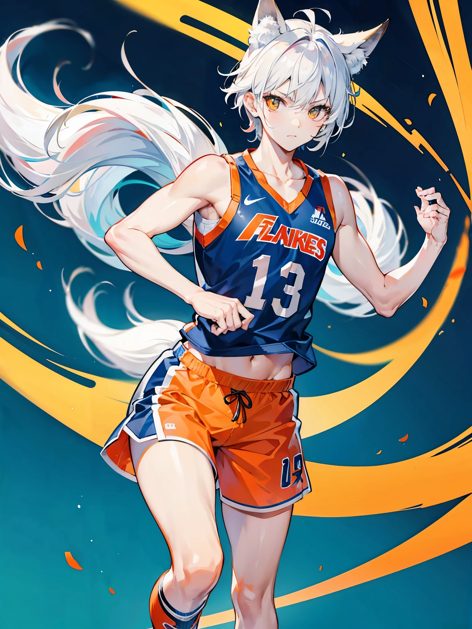 Japanese manga characters，a boy，8 year old boy，telephoto lens，cool guy，athlete，Play volleyball，Detailed background，full body portrait，Realistic skin texture，messy white hair，Accurate facial features，motion blur，Super fine，Super detailed，high quality，8k ，oc rendering，There are scars on the face，White fox ears，fox tails，There are scars on the body，Injuried，At the Asian Games，orange tights，orange shorts，（（The crotch is too big 3.0）），shouting action ，White Nike High Top Basketball Shoes