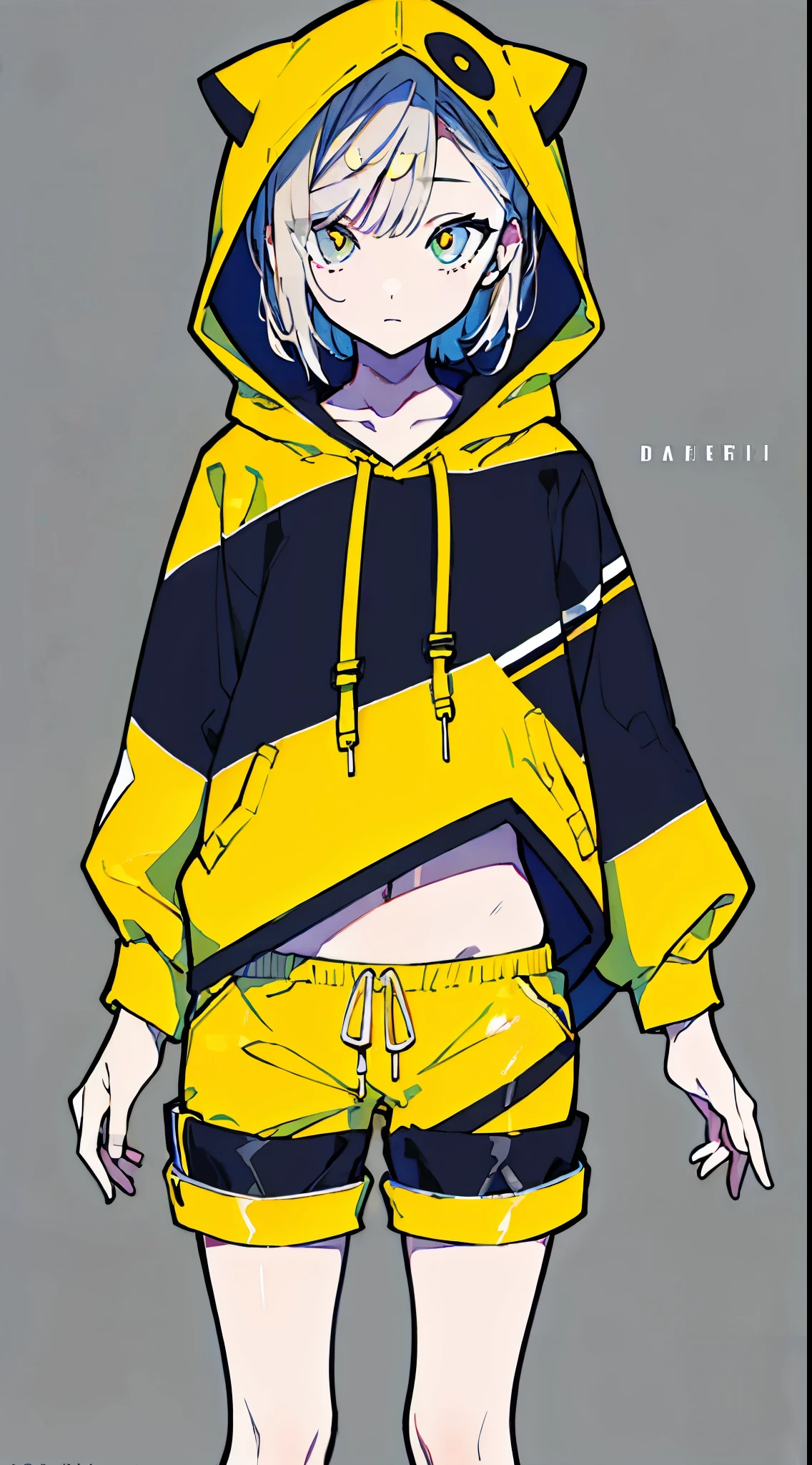 (masterpiece, highest quality:1.6), alone, thick outline, (simple background, Dark yellow background, monochrome, dark yellow theme:1.2), official art, Key Visual, 8K, disorganized, whole body, (Unique hair, Oversized Hoodies, hot pants, arch back, short torso:1.2), belly button, thighs, cowboy shot, HDR, sharp focus, High resolution, most detailed, very detailed, Super detailed, finely, detailed eyes and face, sharp pupils, realistic student