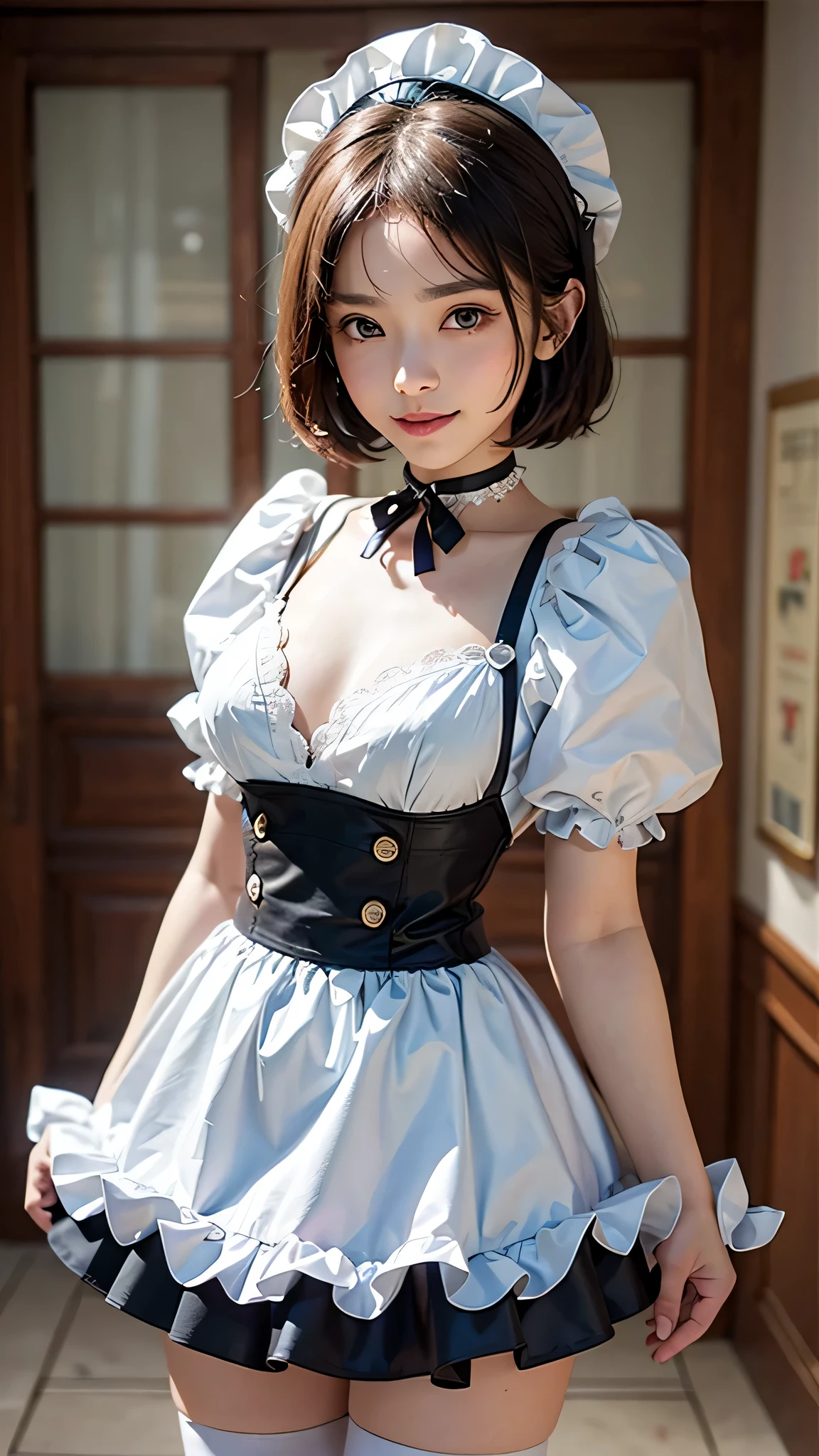 (Close-up:1.4)、(RAW shooting:1.2)、(photorealistic:1.4)、(masterpiece:1.3)、(highest quality:1.4)、solo、7 head and body、(slender and beautiful girl)、cute、(beautiful detailed eyes)、(charming big eyes)、(beautiful double eyelids)、(beautiful and detailed face)、(smile full of joy:1.3)、(Medium chest:1.2)、(cleavage)、(erect nipples:1.2)、(full body shot)、8K、(muste piece:1.2)、(pale blue hair、short bob:1.3)、(Bangs Patsun)、(headdress、white blouse、black ribbon、White Apron、ruffle skirt、puff sleeves、collar、choker、apron with fine ruffles:1.3)、White Knee High Socks、black maid costume、(Sexy model pose with chest sticking out:1.3)、cowboy shot、view audience、(small butt)、(beautiful hands)、(beautiful thighs)、cute系、(perfect anatomy:1.2)、ancient city、