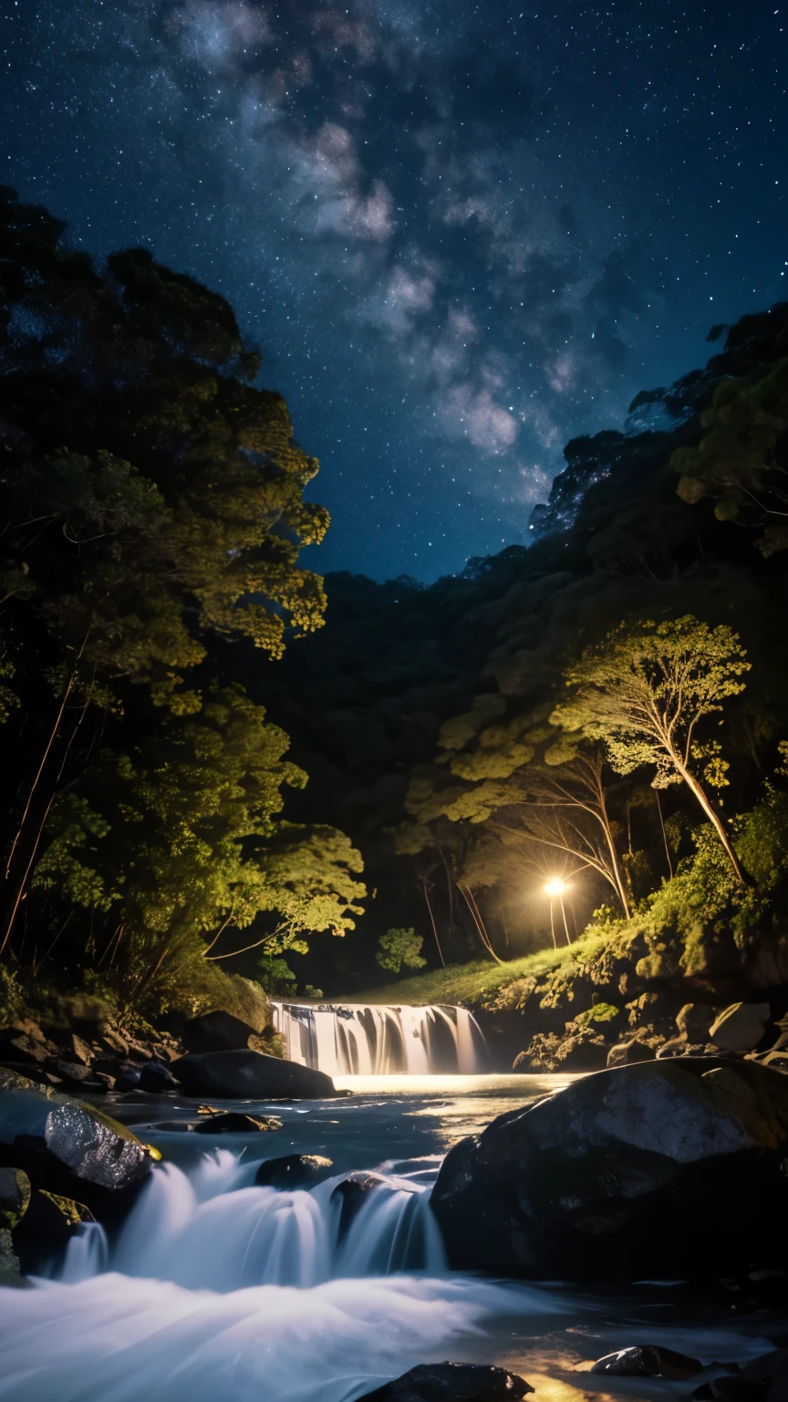 noite de lua cheia, montanhas, cachoeira, floresta.