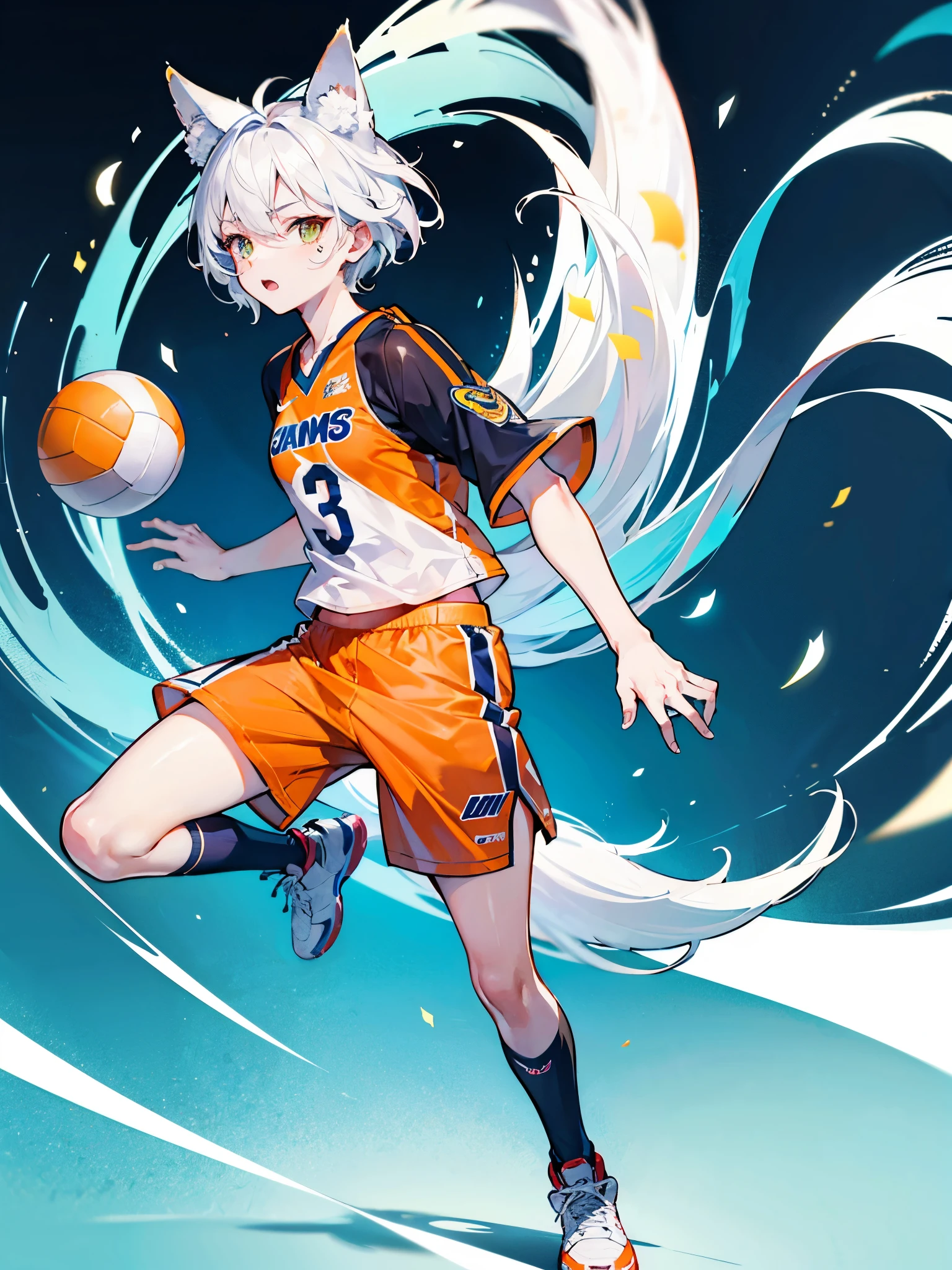 Japanese manga characters，a boy，8 year old boy，telephoto lens，cool guy，athlete，Play volleyball，Detailed background，full body portrait，Realistic skin texture，messy white hair，Accurate facial features，motion blur，Super fine，Super detailed，high quality，8k ，oc rendering，There are scars on the face，White fox ears，fox tails，There are scars on the body，Injuried，At the Asian Games，orange tights，orange shorts，（（The crotch is too big 3.0）），shouting action ，White Nike High Top Basketball Shoes