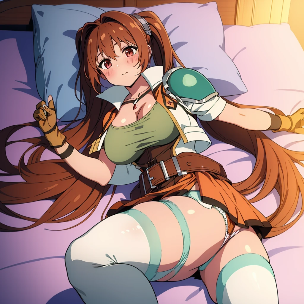 masterpiece, best quality, scEstelle, cropped jacket, green shoulder pad, tan shirt, (cleavage) orange skirt, belt, brown gloves, white thighhighs, (panties), (intricate panties:1.2),1girl, (solo), Bedroom, pillow, blush, huge breasts, lying