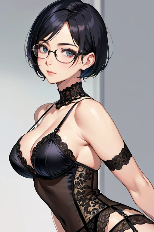 Pay attention to the garter belt、beautiful mature woman、short hair、29yo、Glasses、beautiful eyes、Innocent look、cute、Upper body、Run