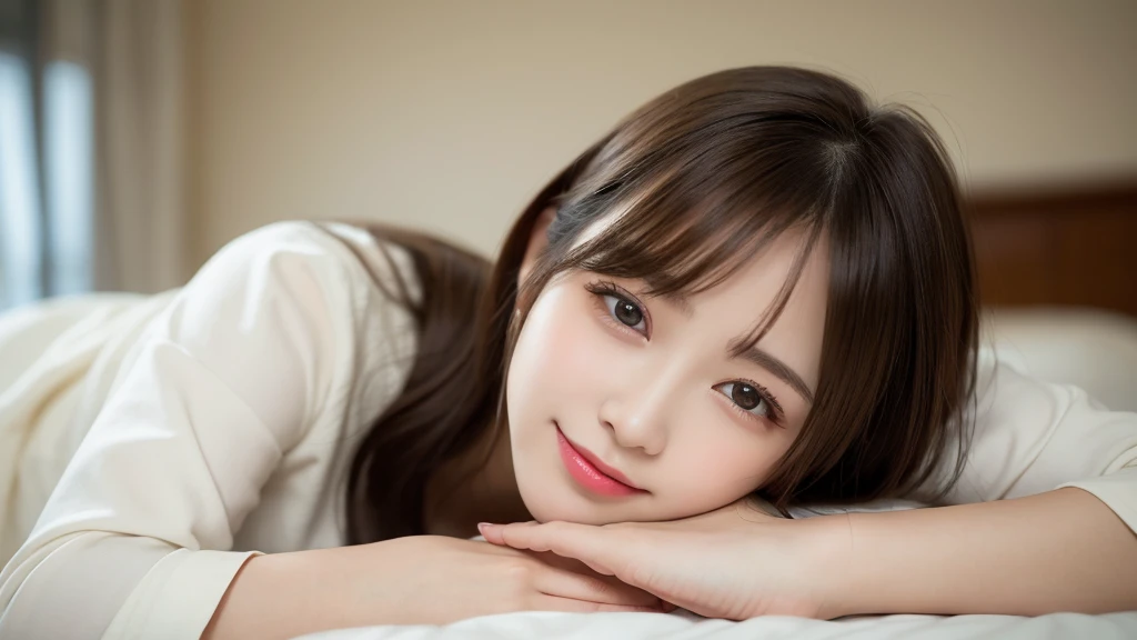 table top, highest quality, shape, Super detailed, finely, High resolution, 8k wallpaper, 完璧なダイナミックな構shape, on the bed,one girl, beautiful and detailed eyes, pajamas, ランダムなcute髪,natural color lip, lie in bed, Co-sleeping,bold sexy pose,smile、20 year old girl、cute、sexy shot,Always blur the background,perfect and beautiful face,beautiful and detailed face、slim face and style,perfect hands, Big eyes、Close ~ eyes,Do gal makeup