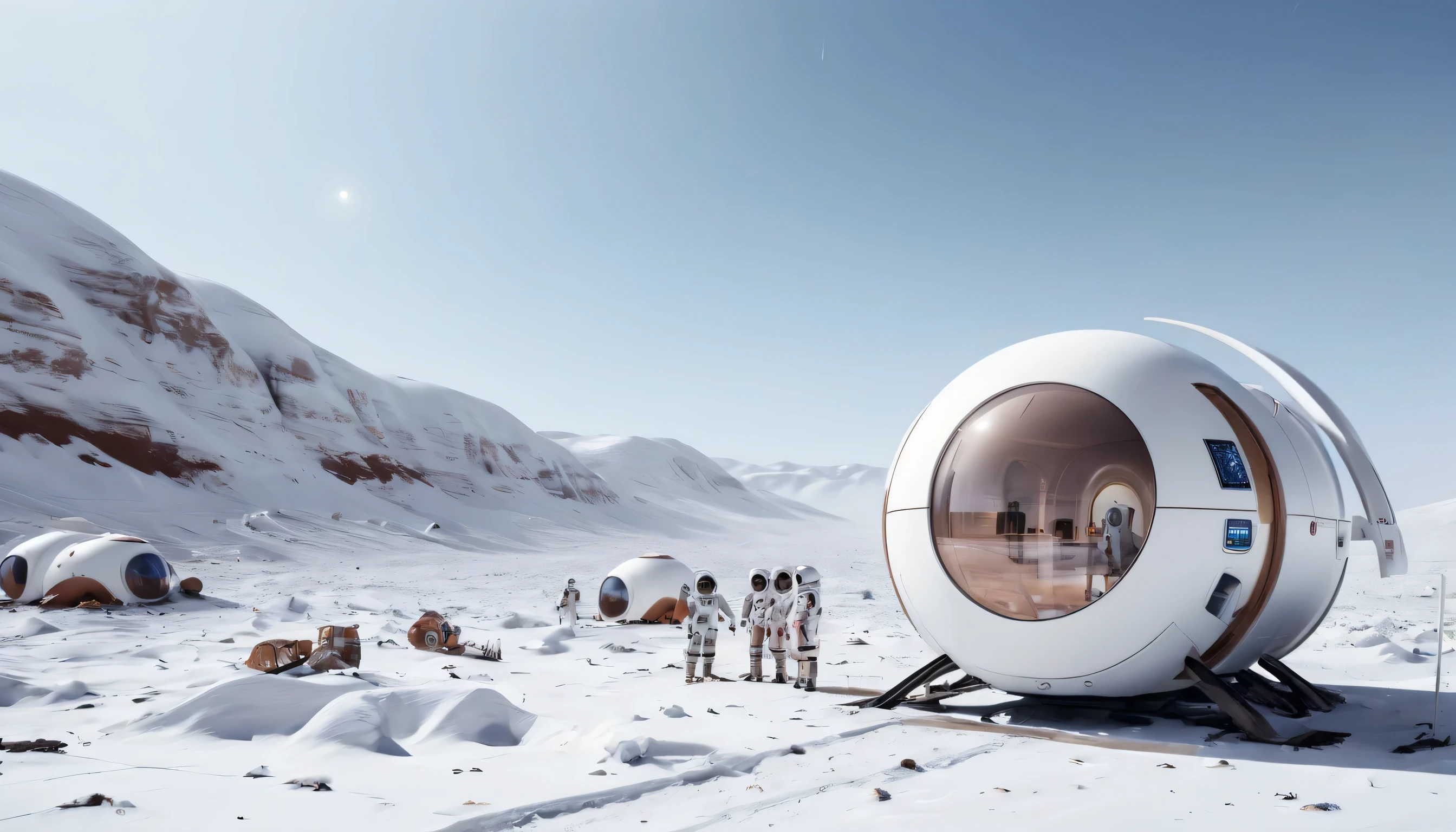 Capsule resort on Mars, The Earth can be seen in the background of the photo、snow scene