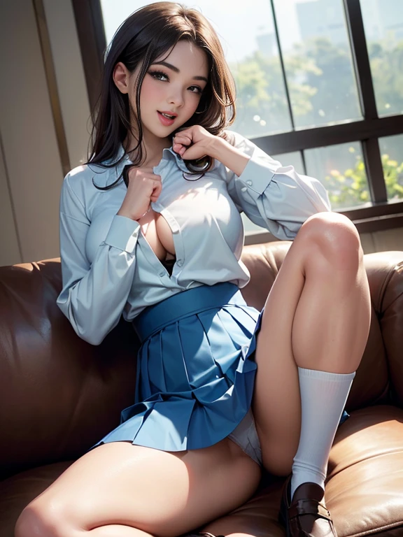 (best quality, 8k, highres, photorealistic:2.0), (solo, one girl:2.0),(lighting: strong),(lighting: front),(very muscular girl:2.0),(bodybuilder girl:1.5),(shiny skin:1.5),(brown hair color:1.5),(Bend your legs and open your thighs:1.8),(black loafers:1.5),(light blue blouse:1.6),(collar blouse:1.2),(long sleeve light blue blouse:1.3),((tight blouse:1.7)),(Emphasize cleavage:1.2),(short socks),(white socks:1.1),((blue pleated skirt)),((blue skirt)),(open shirt button),((Wearing lace panties)),((Girl leaning on an old leather sofa)), very beautiful Japanese girl, Blush brown makeup , dark eye makeup,(Hold your loosely clenched fist in front of your face:1.7),(girl with open mouth:1.4),(Instructing viewers to perform a self hand job),(Gesture to give you a hand job:1.3),(Jerk Off Instruction for viewers),(very smiling girl),(Instructing viewers to masturbate themselves:1.3),(licking gesture)