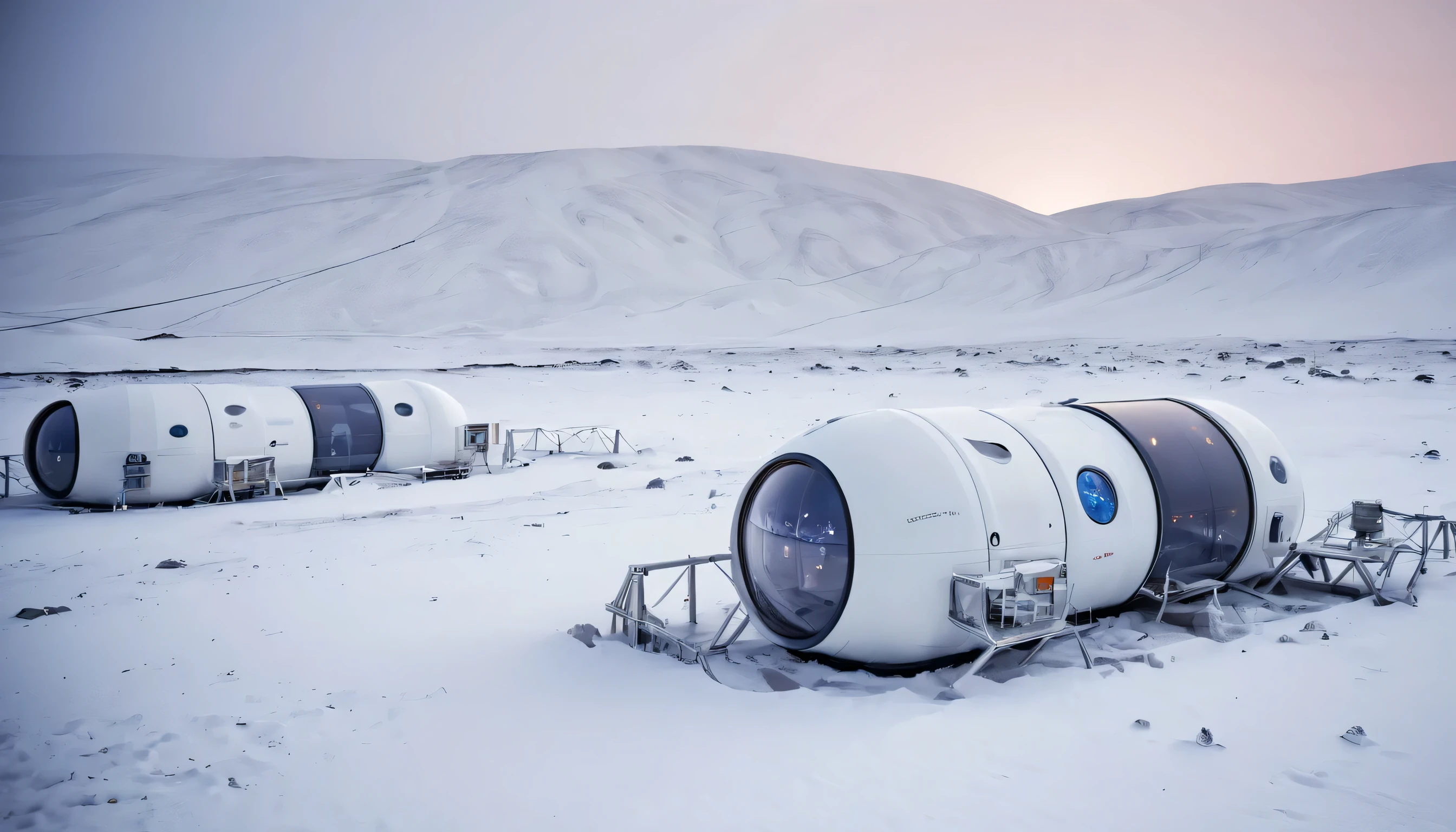 Capsule resort on Mars, The Earth can be seen in the background of the photo、snow scene