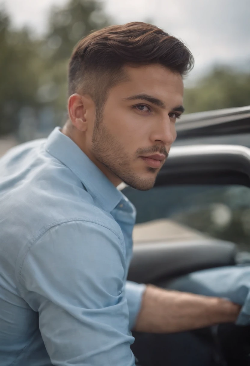 Hombre con una camisa azul sentado en un coche, andres rios, headshot foto de perfil, professional foto de perfil, cristian orrillo, 27 years old, 28 years old, foto de perfil, khyzyl saleem, 29 years, foto profesional, taken in the early 2020s, imagen de muy muy alta calidad, imagen de perfil