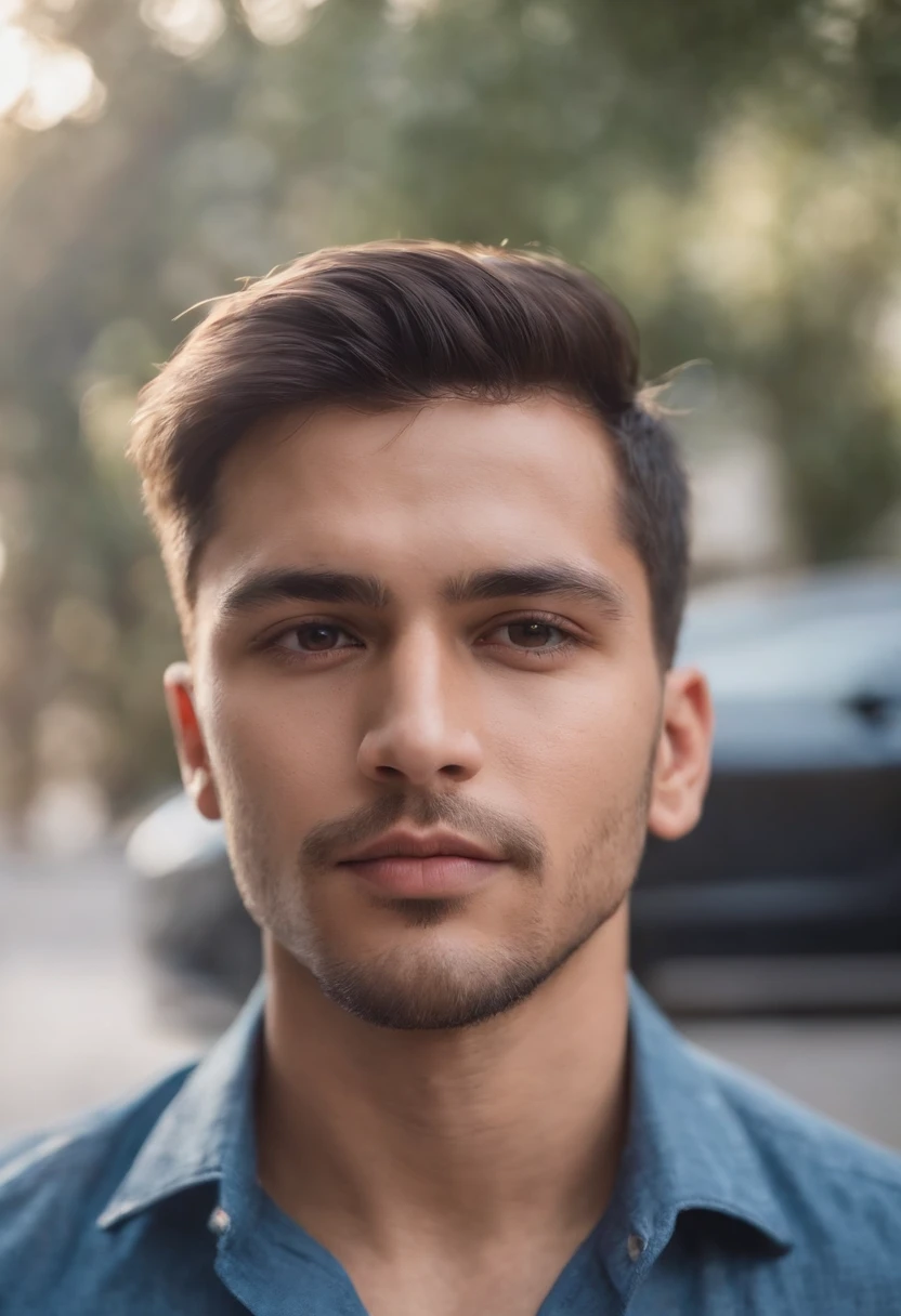 Hombre con una camisa azul sentado en un coche, andres rios, headshot foto de perfil, professional foto de perfil, cristian orrillo, 27 years old, 28 years old, foto de perfil, khyzyl saleem, 29 years, foto profesional, taken in the early 2020s, imagen de muy muy alta calidad, imagen de perfil