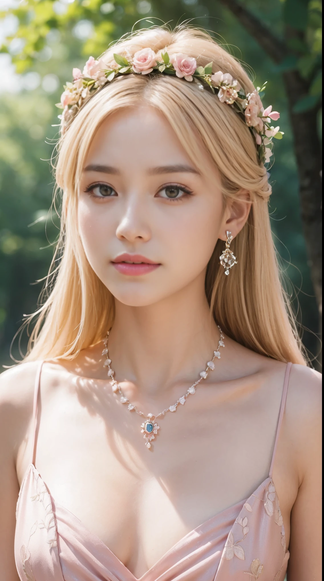 Close up A woman pink lips and blonde hair with royal earring wearing flower crown and royal necklace walking on the forest 