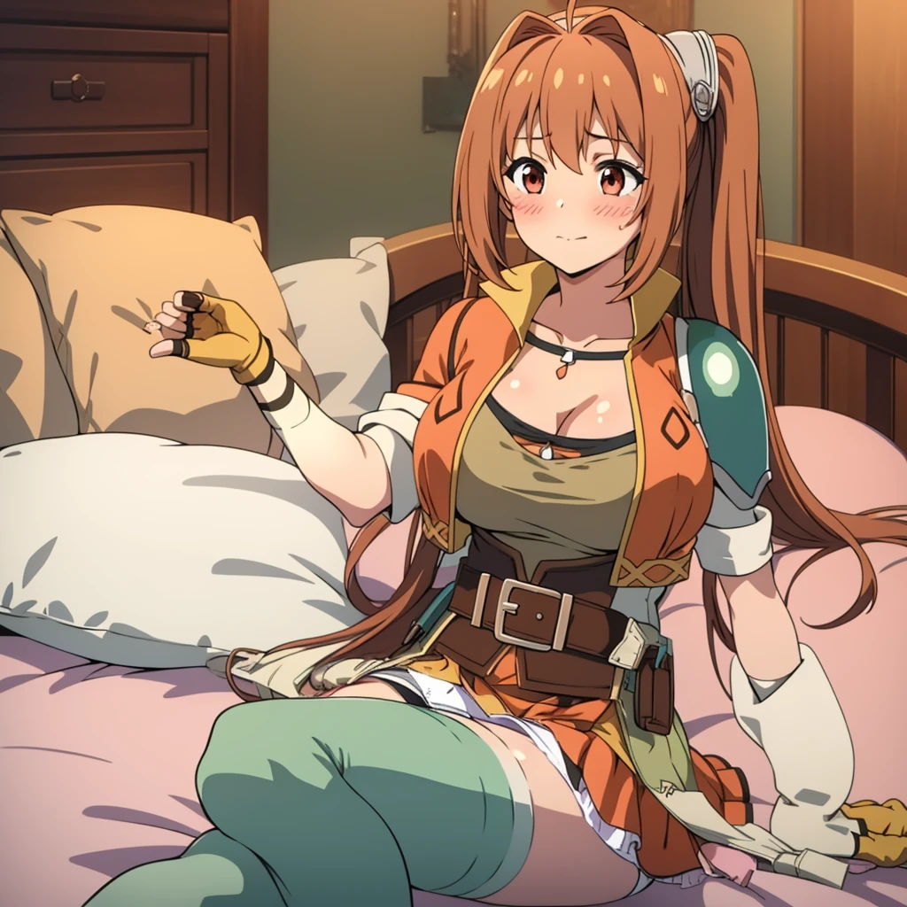 masterpiece, best quality, scEstelle, cropped jacket, green shoulder pad, tan shirt, (cleavage) orange skirt, belt, brown gloves, white thighhighs, (panties:1.2), 1girl, (solo), Bedroom, pillow, blush, huge breasts, lying