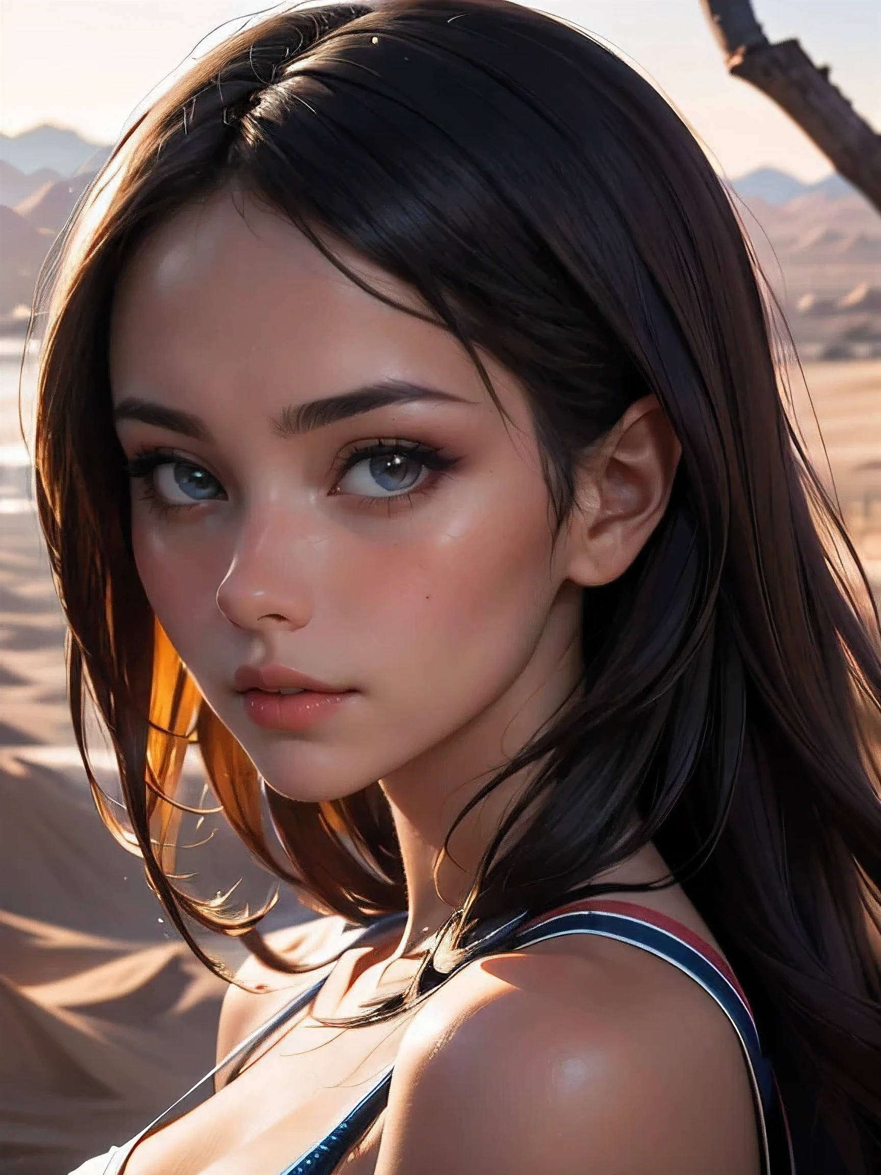 (((HD photo))), ultra high res.photorealistic:. 1.4, UHD, masterpiece, trending on artstation, closeup, frontal shot, portrait pretty, cute girl, most beautiful in the world, soft, delicate, long dark hair, large breasts, wearing jumper, sunkissed, desert background