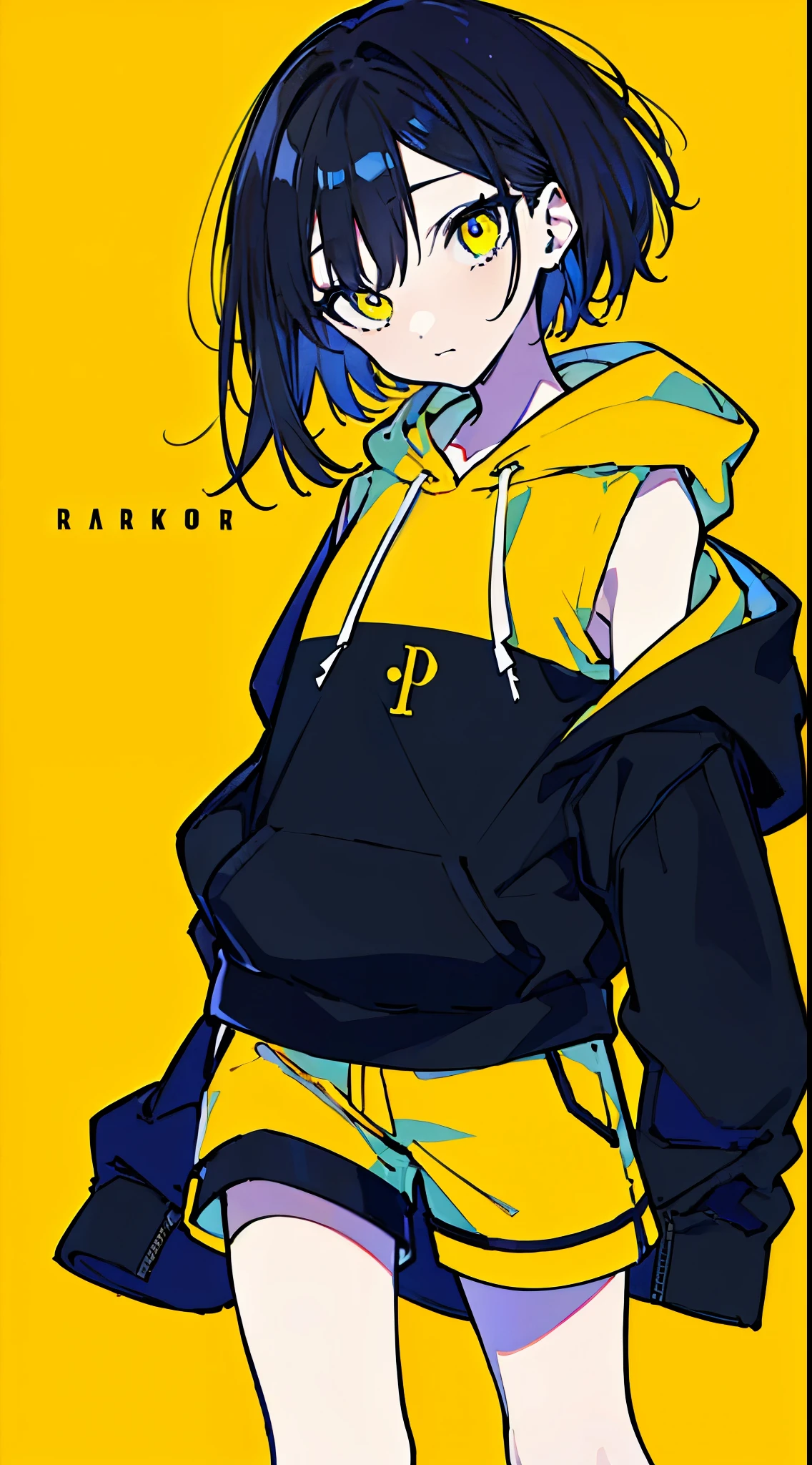 (masterpiece, highest quality:1.6), alone, thick outline, (simple background, Dark yellow background, monochrome, solo, dark yellow theme:1.2), official art, Key Visual, 8K, disorganized, whole body, (Unique hair, Oversized Hoodies, hot pants, arch back, short torso:1.2), belly button, thighs, cowboy shot, HDR, sharp focus, High resolution, most detailed, very detailed, Super detailed, finely, detailed eyes and face, sharp pupils, realistic student