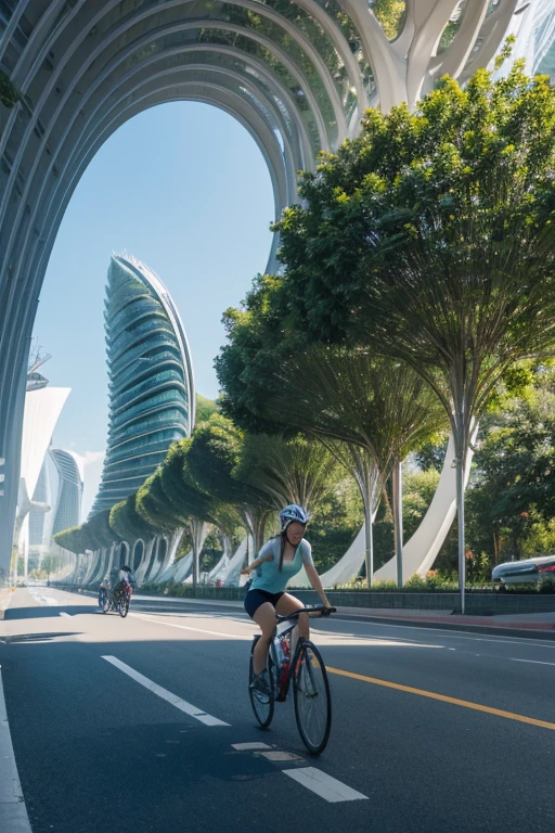 a girl rides a bicycle, in running shorts, a digital painting of a tree in the middle of a city, inspired by Zaha Hadid, futurism, elegant walkways between towers, futuristic valley, two organic looking towers, calatrava
