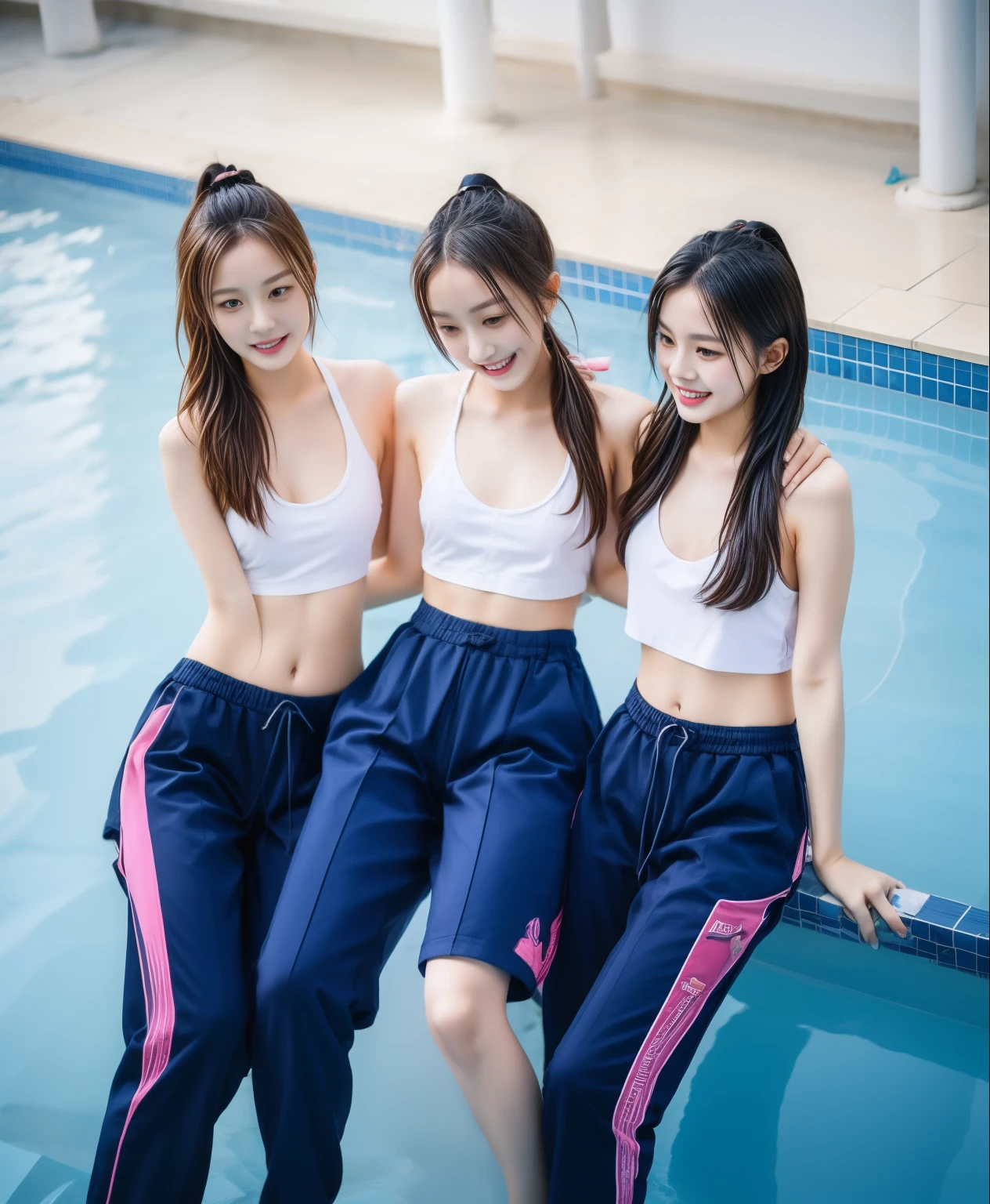 3 girls in the swimming pool, black underwear,Navy Long Trackpant,Sweatpants, Sweatpantsขายาว,25 year old girl, lesbian, sexy, exercise clothes, wet body