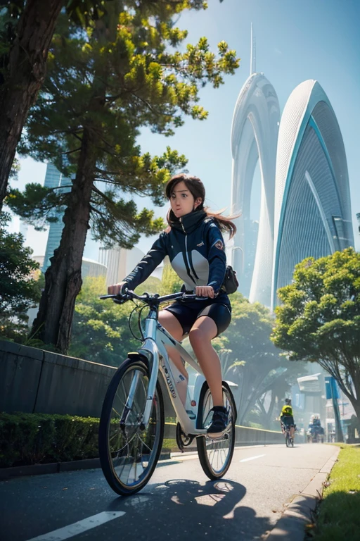 a girl rides a bicycle, in running shorts, a digital painting of a tree in the middle of a city, inspired by Zaha Hadid, futurism, elegant walkways between towers, futuristic valley, two organic looking towers, calatrava
