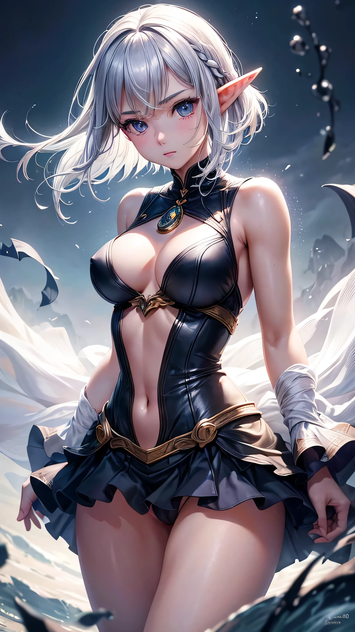 (Close-up:1.4)、(RAW photo:1.2)、(photorealistic:1.4)、(masterpiece:1.3)、(最high quality:1.4)、(Beautiful woman with perfect body:1.4)、solo、7 head and body、(cute face)、(cute:1.2)、(full body shot)、(big breasts:1.3)、(beautiful detailed eyes)、(charming big eyes)、(beautiful double eyelids)、(beautiful and detailed face)、(short hair:1.2)、(fantasy、Magic Effects、summoner:1.3)、(Half-Elf:1.2)、emilia、silver hair、strong wind、See-through、Wet、short hair、dark hair、slender、small butt、beautiful feet、skinny legs、Surrealism、cinematic lighting、Depth of bounds written、first person perspective、ticker、muste piece、curate、(perfect anatomy:1.2)、textured skin、super detail、high details、high quality、best quality、High resolution、8K、illumination、