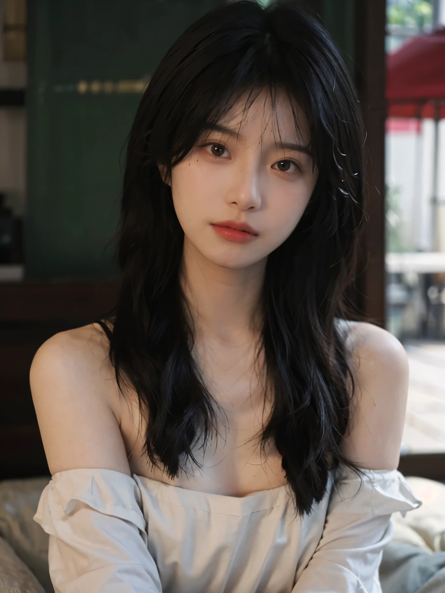 Film portrait photography, 1 girl, bare shoulders, Shoulder length wavy hair, serene, calm, (Realistic and detailed eyes, natural skin texture, Realistic facial details), Soft dramatic lighting, depth of field, Bokeh, Vibrant details, detailed meticulous, hyper-realistic, 35mm film, hazy, ,