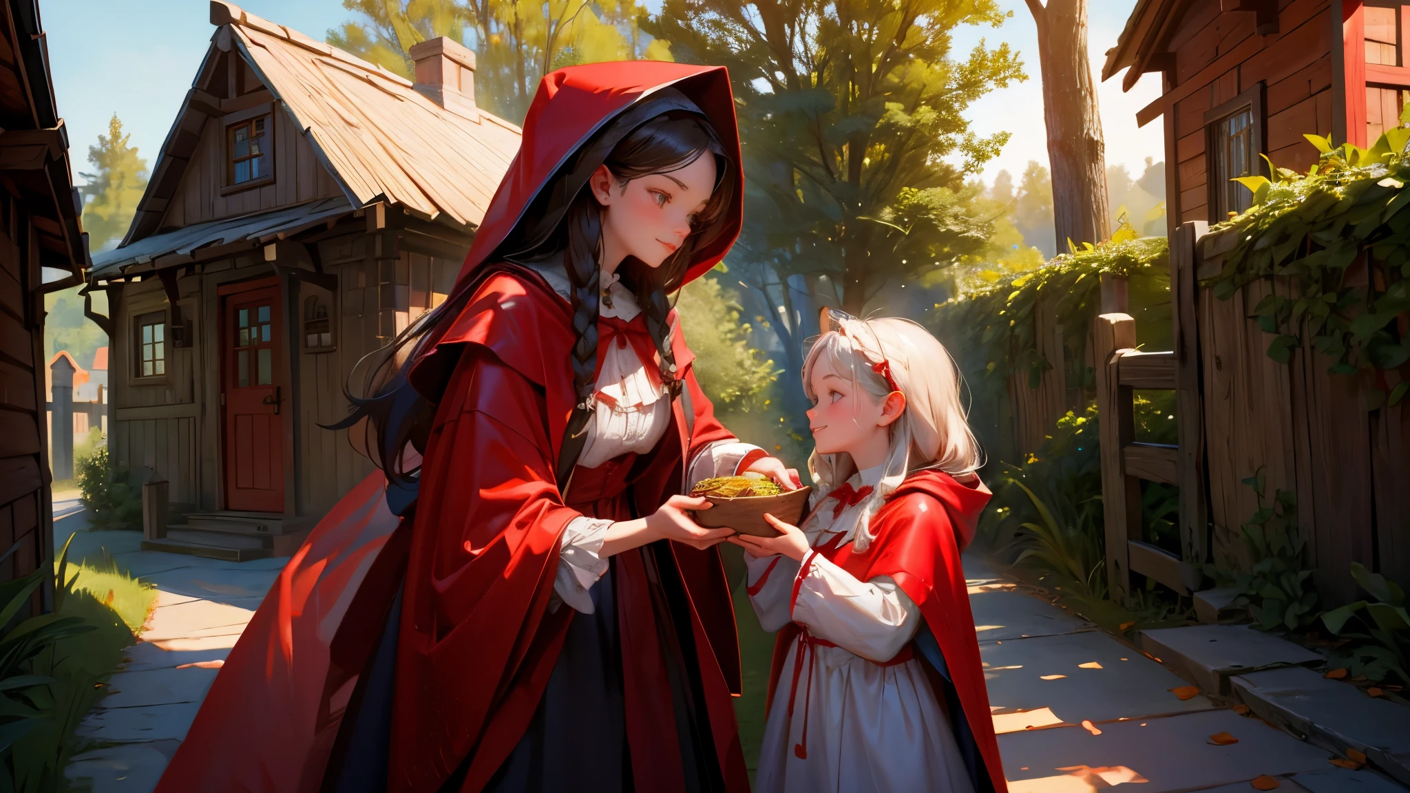 Little Red Riding Hood is at home and her mother is giving her a basket of food. In the background, you can see their cute little house. The wears a red cloak and her mother kisses her. They both look happy and kind.