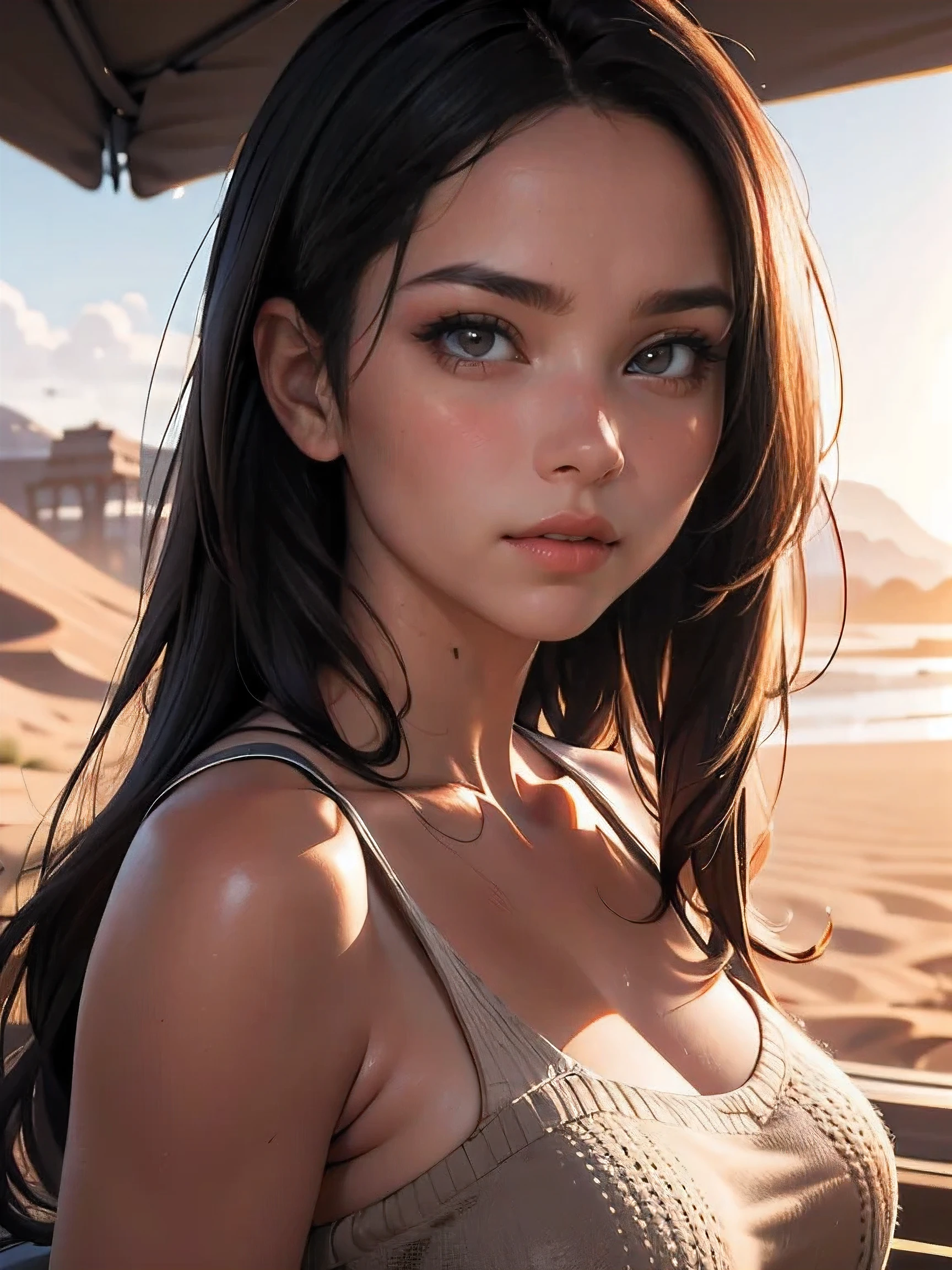 (((HD photo))), ultra high res.photorealistic:. 1.4, UHD, masterpiece, trending on artstation, closeup, frontal shot, portrait pretty, cute girl, most beautiful in the world, soft, delicate, long dark hair, large breasts, wearing jumper, sunkissed, desert background