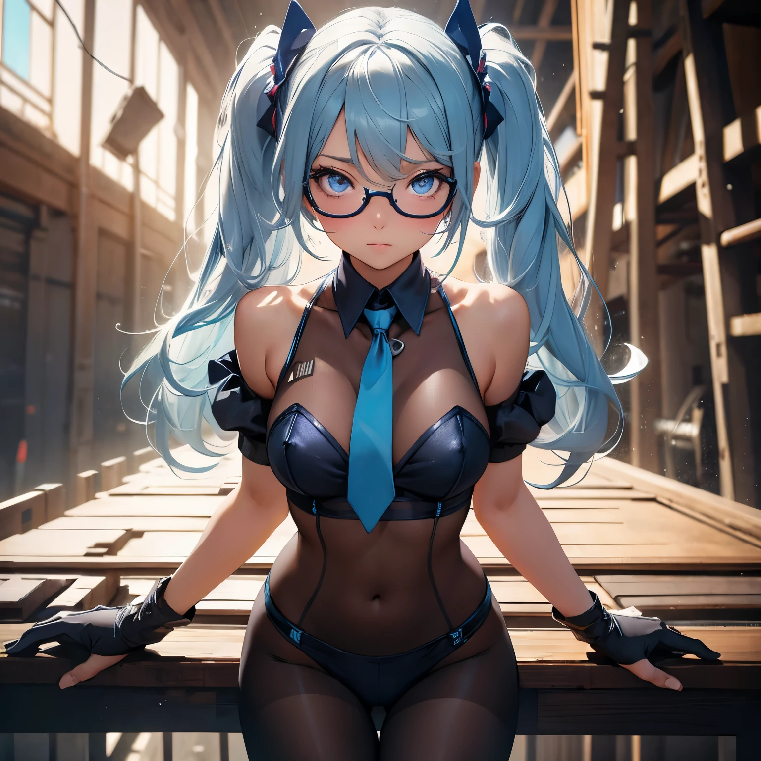 (quality)), ((masterpiece)), Recommended resultsluffly、(see through:1.5)、whole body 、Swollen ，straighten your back、huge bust、angle to floor:1.2、low camera angle、Hair loss on crotch、Whole body facing the camera，Hair can be seen on the crotch，Hatsune Miku, 1 girl, (alone:1.2), ((masterpiece)), [Slim], (), ((exquisite eyes)), (bokeh effect), medium shot, Yuradev,  (blue gloves), (blue tie), elegant，silver glasses