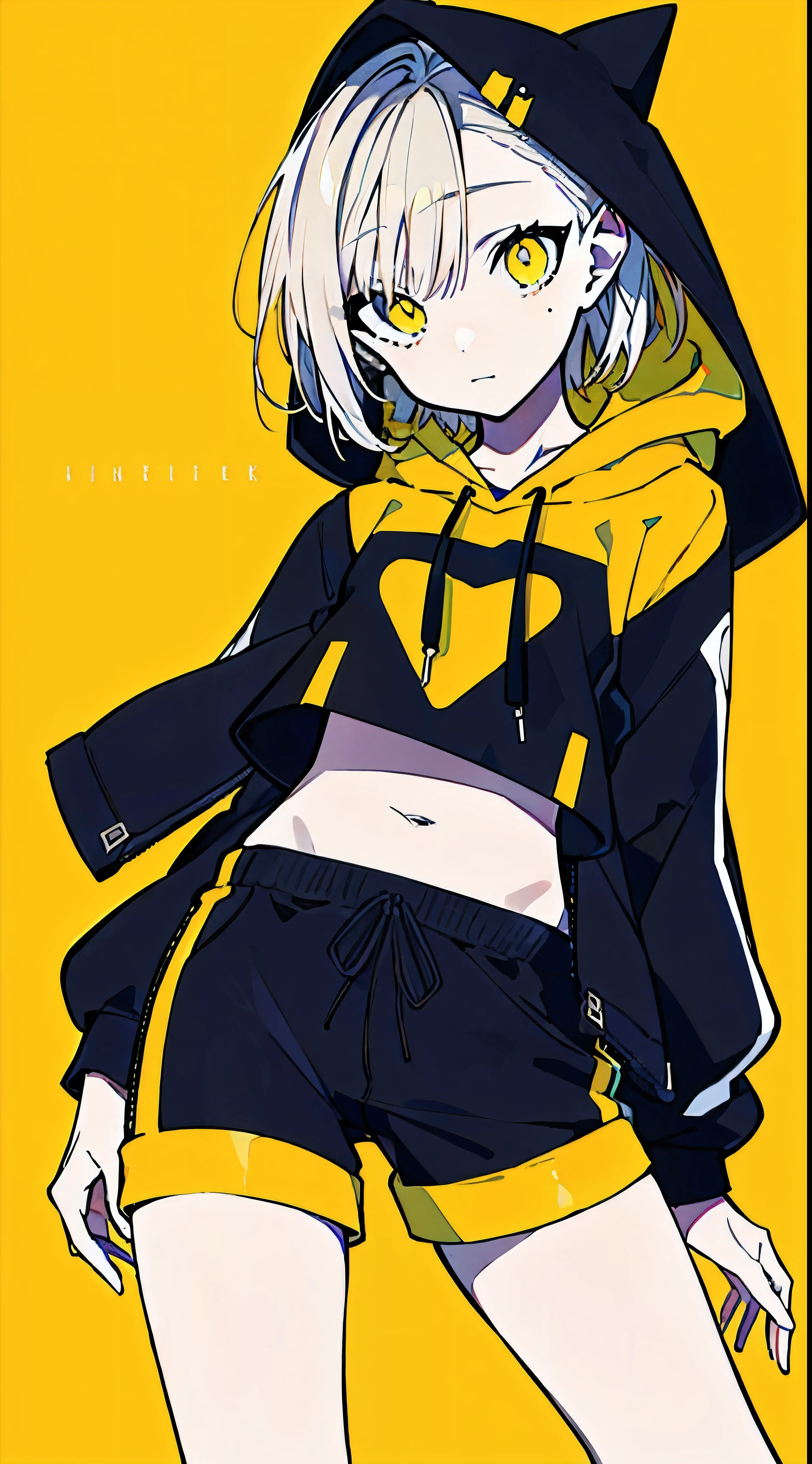 (masterpiece, highest quality:1.6), alone, thick outline, (simple background, Dark yellow background, monochrome, dark yellow theme:1.2), official art, Key Visual, 8K, confused, whole body, (Unique hair, oversized hoodie, hot pants, arch back, short torso:1.2), belly button, thighs, cowboy shot, HDR, sharp focus, High resolution, most detailed, very detailed, Super detailed, finely, detailed eyes and face, sharp pupils, realistic student
