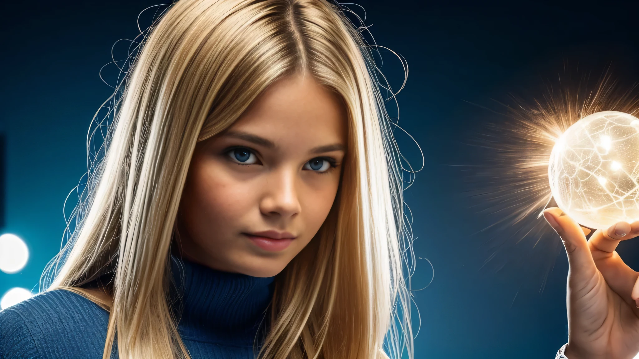 a close-up of a KIDS BLONDE with long hair, BIG BALL OF electrified ICE IN HANDS. SMOKE BROWN.