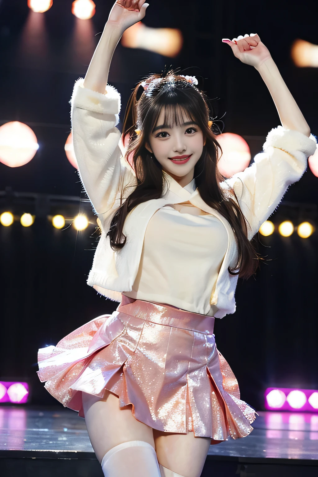 「NSFW」4k、high-detail、japanaese girl、Healthy skin、perfect finger, modeled、Beautiful leg mini skirt、kawaii faces、Popular Japan idols with a smile、Big eye false eyelashes、(((Dancing and singing on stage)))、Lit up、Glittering costumes, robe, jumpping, big tits