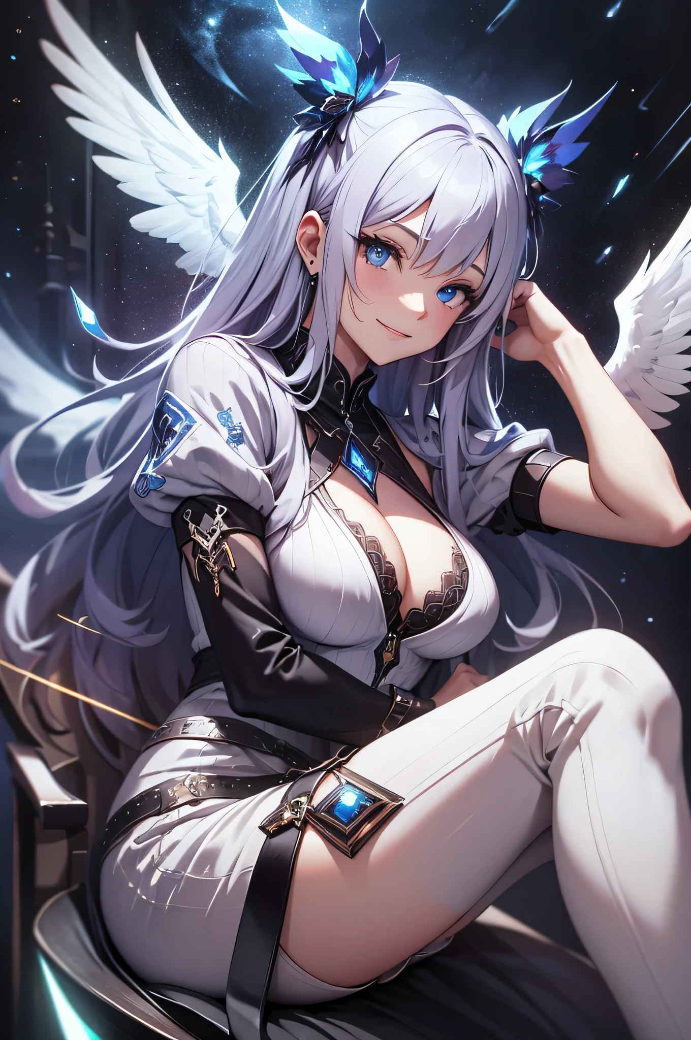 最high quality、best image quality、masterpiece、teenage girl((18-year-old、 By becoming、vest bust、medium bust,wide open breast tea、black eye, gray hair、long hair、thin,highest valley、Love for space、Cosmic dress、sit、open your legs、Bad attitude、white pants、smile)),high quality、beautiful art、background((glowing chair,Lunar surface、Mysterious space、dancing white wings、glowing laser))debris flies、Depth of written boundary、movie、visual art、perfect art、8K,genuine