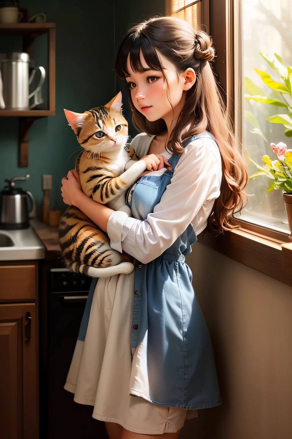 A girl stands near the window holding a kitten in her arms and drinking coffee 