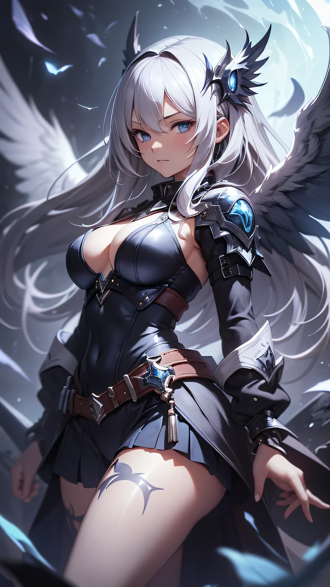最high quality、best image quality、masterpiece、age girl((18-year-old、 By becoming、vest bust、medium bust,wide open breast tea、black eye, gray hair、long hair、thin,highest valley、Black Battlesuit、white arm parts、white leg parts、Holding a big sword、mechanical silver wings)),high quality、beautiful art、background((universe、battlefield、flying beam))debris flies、Depth of written boundary、movie、visual art、perfect art、8K,genuine