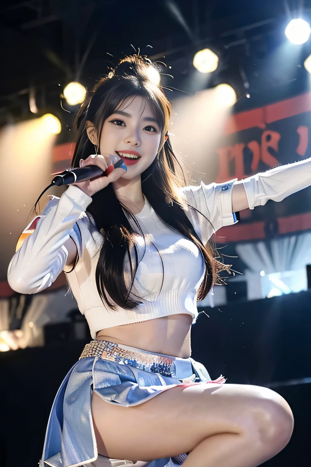 8k, highest quality, high resolution, realistic, real person, live stage with a large audience, one girl, young and cute korean idol, ((KARA)), big, long and beautiful legs, dancing violently in various poses while smiling on stage, holding microphone in hand, revealing gorgeous costume, beautiful light up