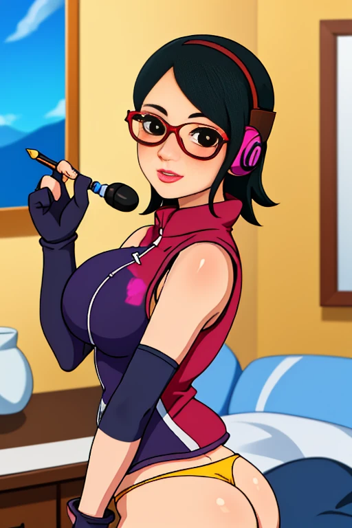 best quality, afterglow, 4k, ((masterpiece)), , 8k,, Intricate, High Detail, Sharp focus, indoors, headphones, gloves, underwear, panties, vest, sleeveless shirt. masterpiece, absurdres, 1 teenage girl, Age 15 old, black hair, shoulder length hair, pure black eyes, frameless glasses, masterpiece, absurdres , (intricate details), (colorful),, (Medium Breast) [Beautiful Curvy butt]. Heart shaped Lips, Painted Lips shine. detailed eyes, blushed, looking at viewer. Detailed eyes