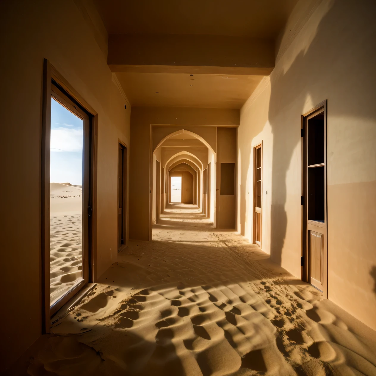 create an old house abandoned , windows broken , sand everywhere , a lot of sand dune inside the house , a long corridor , the point of view is in the middle of the corridor ,a lot of sand dune in the doors, high definition , realistic.