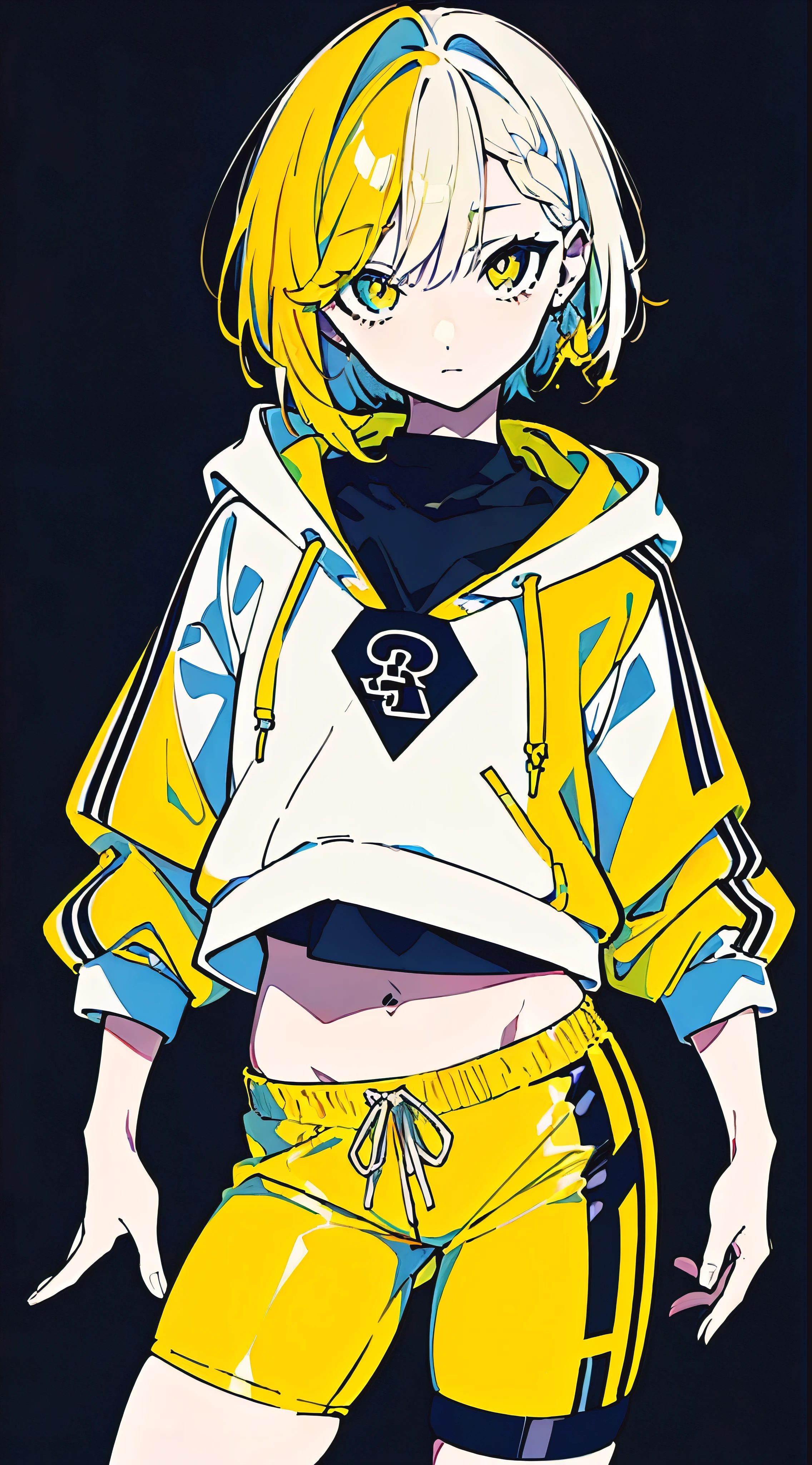 (masterpiece, highest quality:1.6), alone, thick outline, (simple background, Dark yellow background, monochrome, dark yellow theme:1.2), official art, Key Visual, 8K, confused, whole body, (Unique hair, oversized hoodie, hot pants, arch back, short torso:1.2), belly button, thighs, cowboy shot, HDR, sharp focus, High resolution, most detailed, very detailed, Super detailed, finely, detailed eyes and face, sharp pupils, realistic student