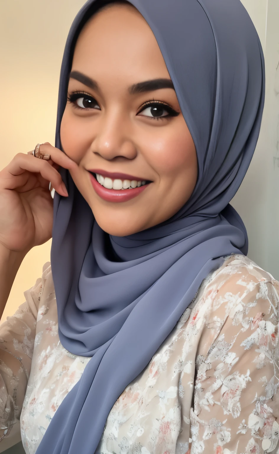 Masterpiece:1.2, high quality, best quality, high resolution, detailed, hyper realistic, 1 malay girl, wear baju kurung, bright short white hair, Shaggy Bob Haircut with Bangs, brown eyes, head tilt, sunset, birds flying, strawberry plant, Portrait, smile, showing teeth,  (detailed face), ((sharp focus)), ((face)), upper body, mid shot portrait,