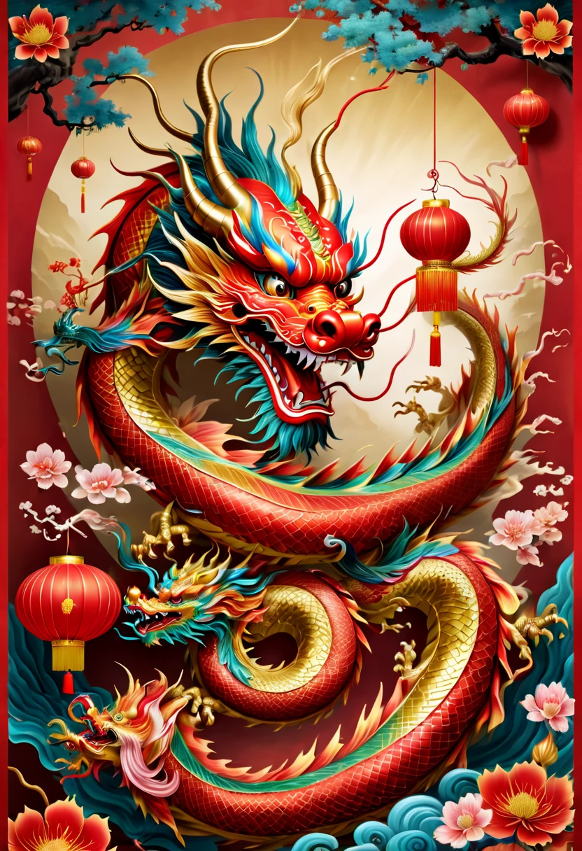 
/imagine a Chinese dragon celebrating the Chinese New Year in a vibrant, festive atmosphere. The dragon is majestic and powerful, with a long, curling body and a fierce expression. The background is filled with traditional Chinese decorations and symbols, such as lanterns, fireworks, and coins. The colors are bright and bold, creating a lively and energetic scene. This image would be perfect for a poster or a red envelope cover, conveying the spirit of the Chinese New Year and the power of the dragon.