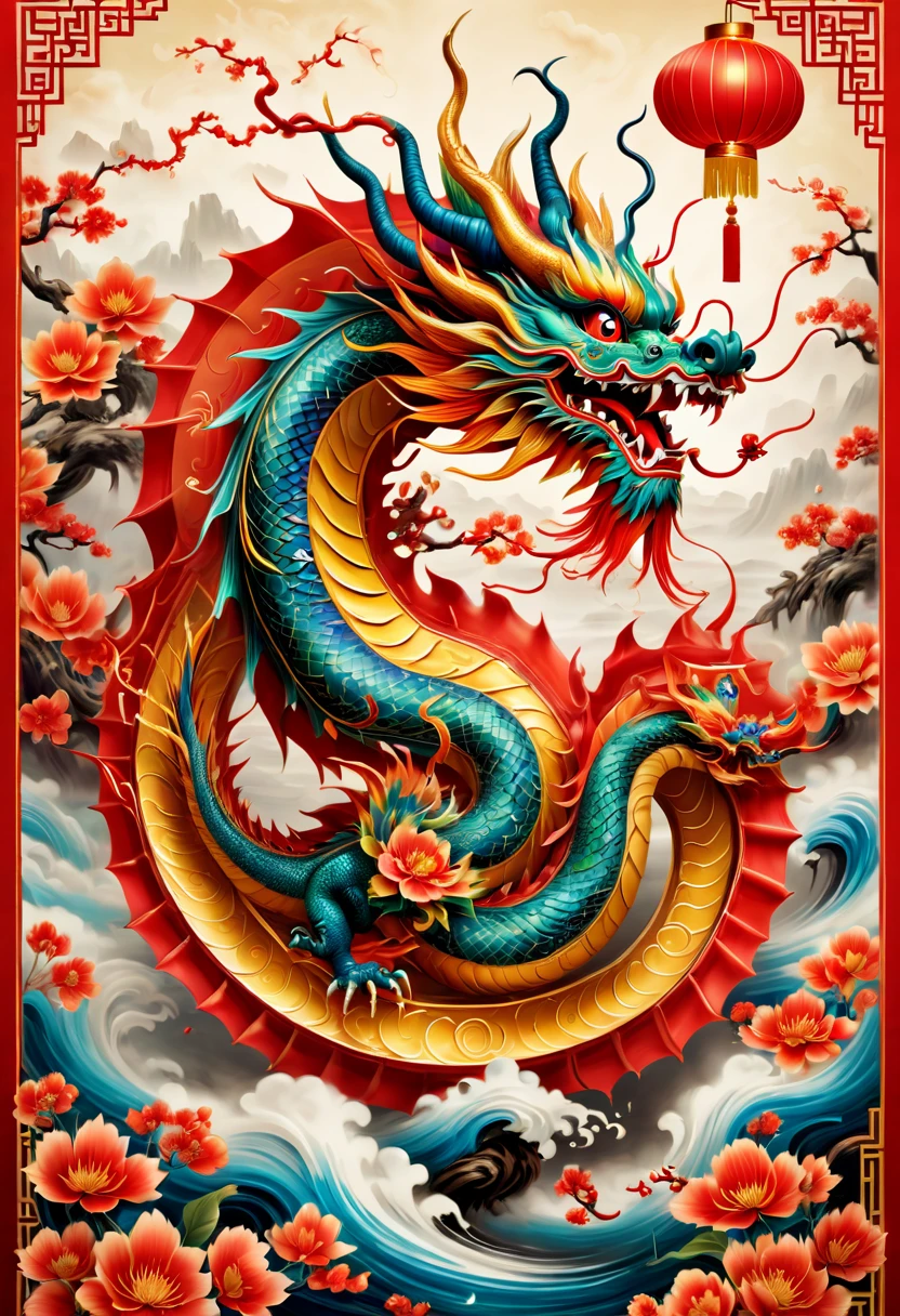 
/imagine a Chinese dragon celebrating the Chinese New Year in a vibrant, festive atmosphere. The dragon is majestic and powerful, with a long, curling body and a fierce expression. The background is filled with traditional Chinese decorations and symbols, such as lanterns, fireworks, and coins. The colors are bright and bold, creating a lively and energetic scene. This image would be perfect for a poster or a red envelope cover, conveying the spirit of the Chinese New Year and the power of the dragon.