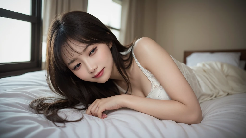 Cosy bedroom,A young girl,The face is delicate,Sexy body,Naked all over the body,soaking wet hair,Covered in sweat,lay on back,Full body photo