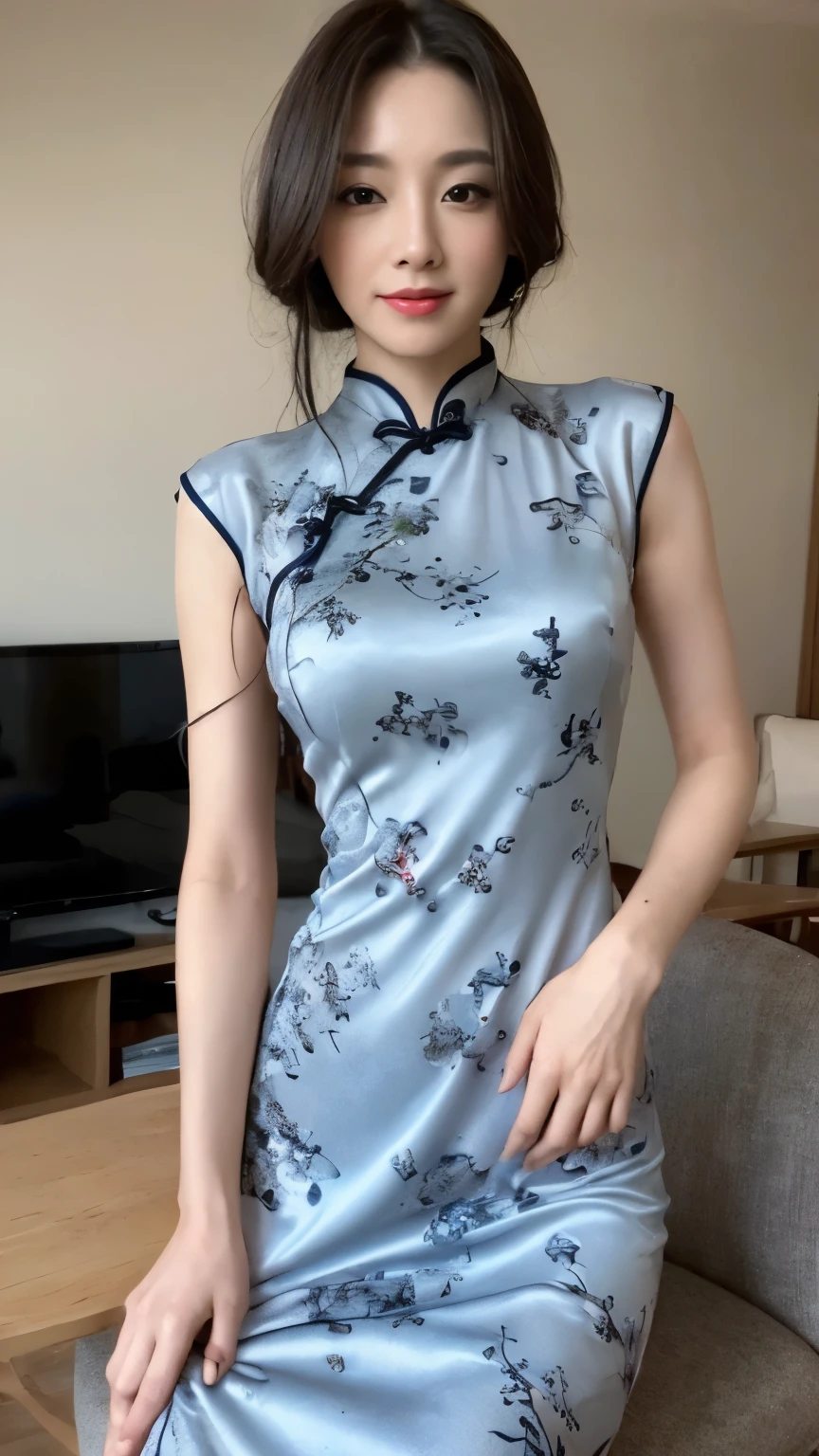 ((top-quality、8k、masterpiece:1.3))、Beautiful woman with perfect body:1.4、slim abdomen:1.2、Longhair, normal breast, Highly detailed facial and skin texture, A detailed eye, delicate eyes, (smile), (full body shot), ((living room)), (sitting on chair), (((wearing cheongsam dress))), looking in front
